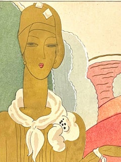 "Woman with Scarf, " High-Style Art Deco Illustration in Gold, Green & Pink