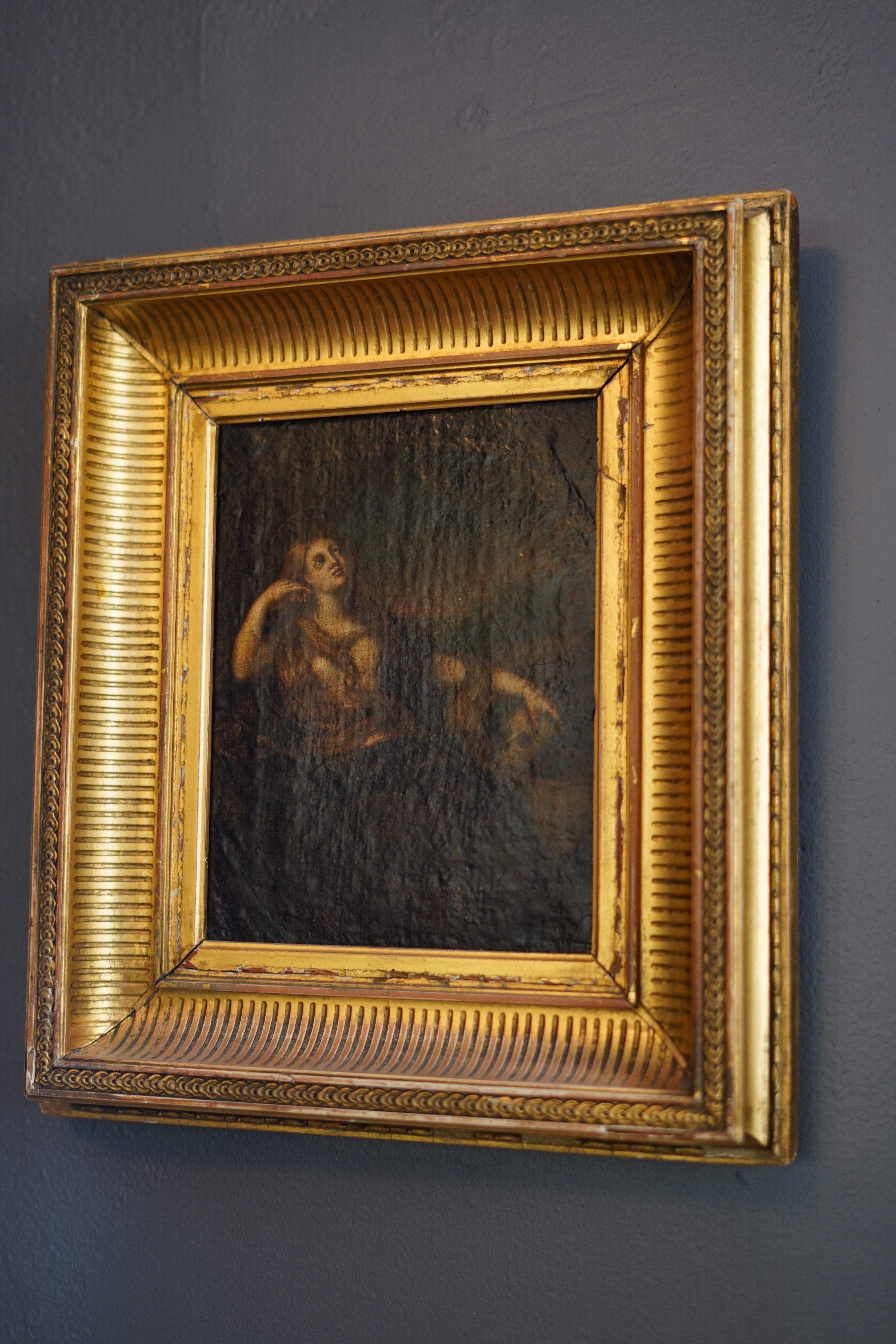 Magdalena posant sa main sur un crâne, Unknown Europe 1800 État moyen - En vente à Bronx, NY
