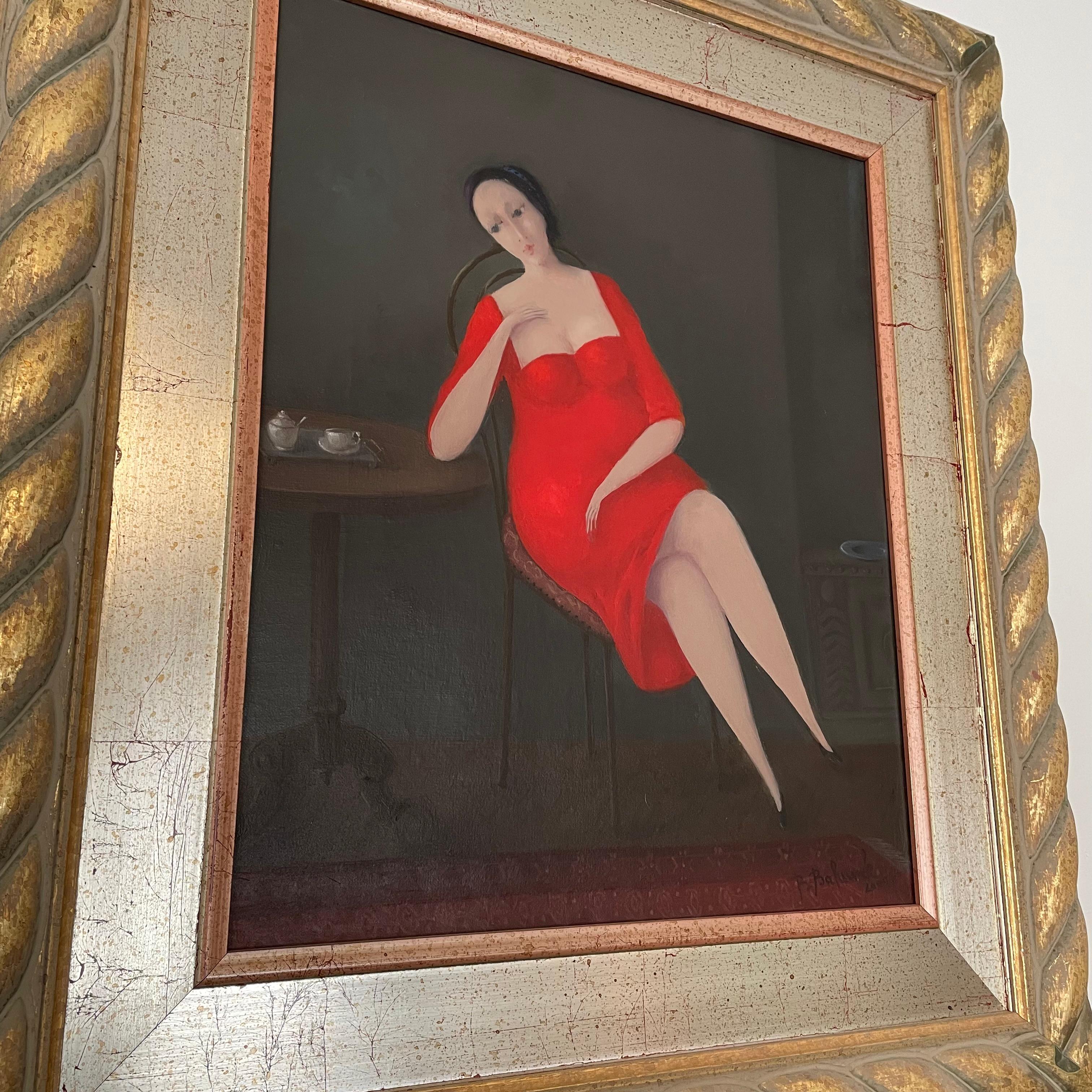 Original oil on canvas painting by Croatian artist Branko Bahunek (1935-2005) depicting a woman in a red dress sitting for tea. 
Signed and dated in lower right and displayed in a carved gilded wood custom frame.