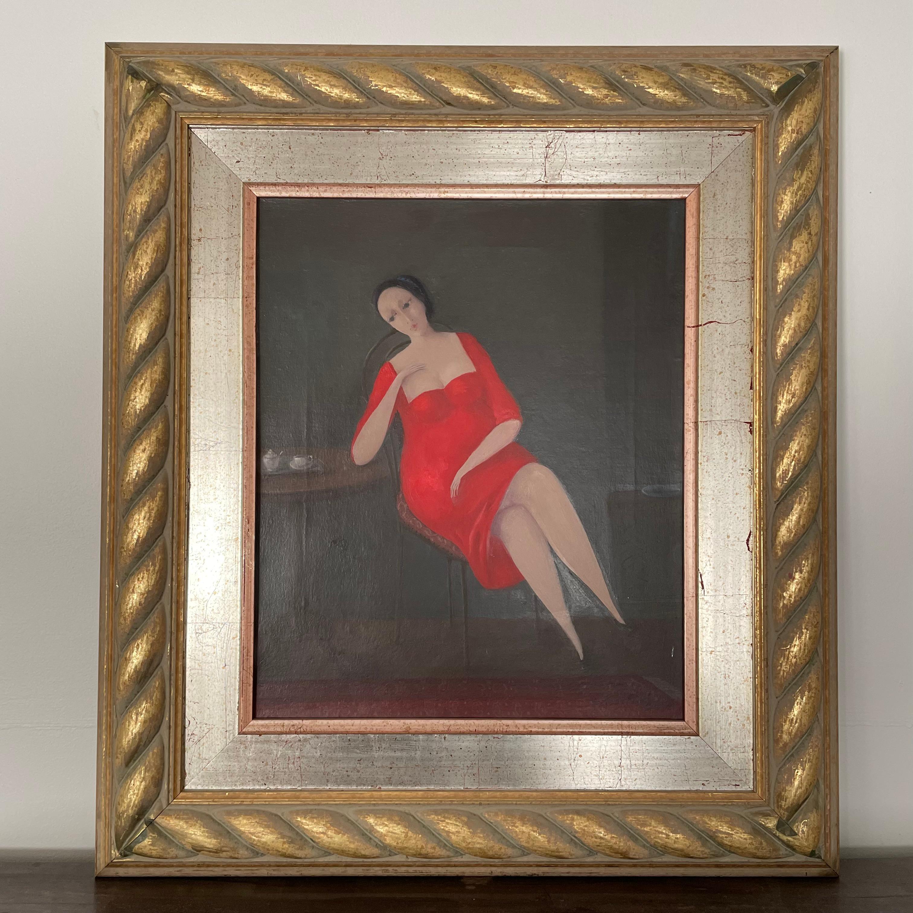 Canvas Woman with Tea by Branko Bahunek For Sale
