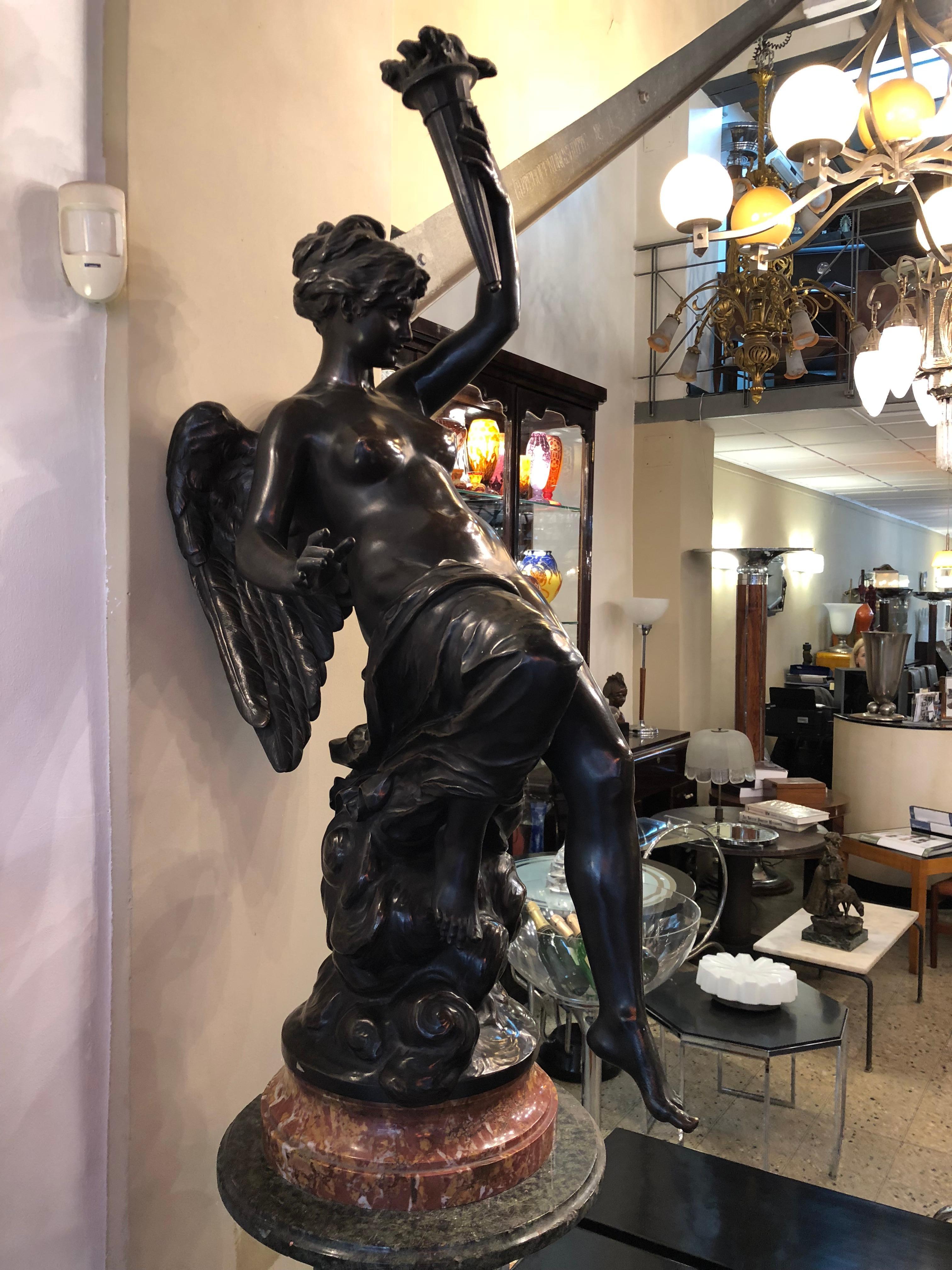 Early 20th Century Woman with Torch, France, Material: Bronze and Marble, Sign: Beer For Sale