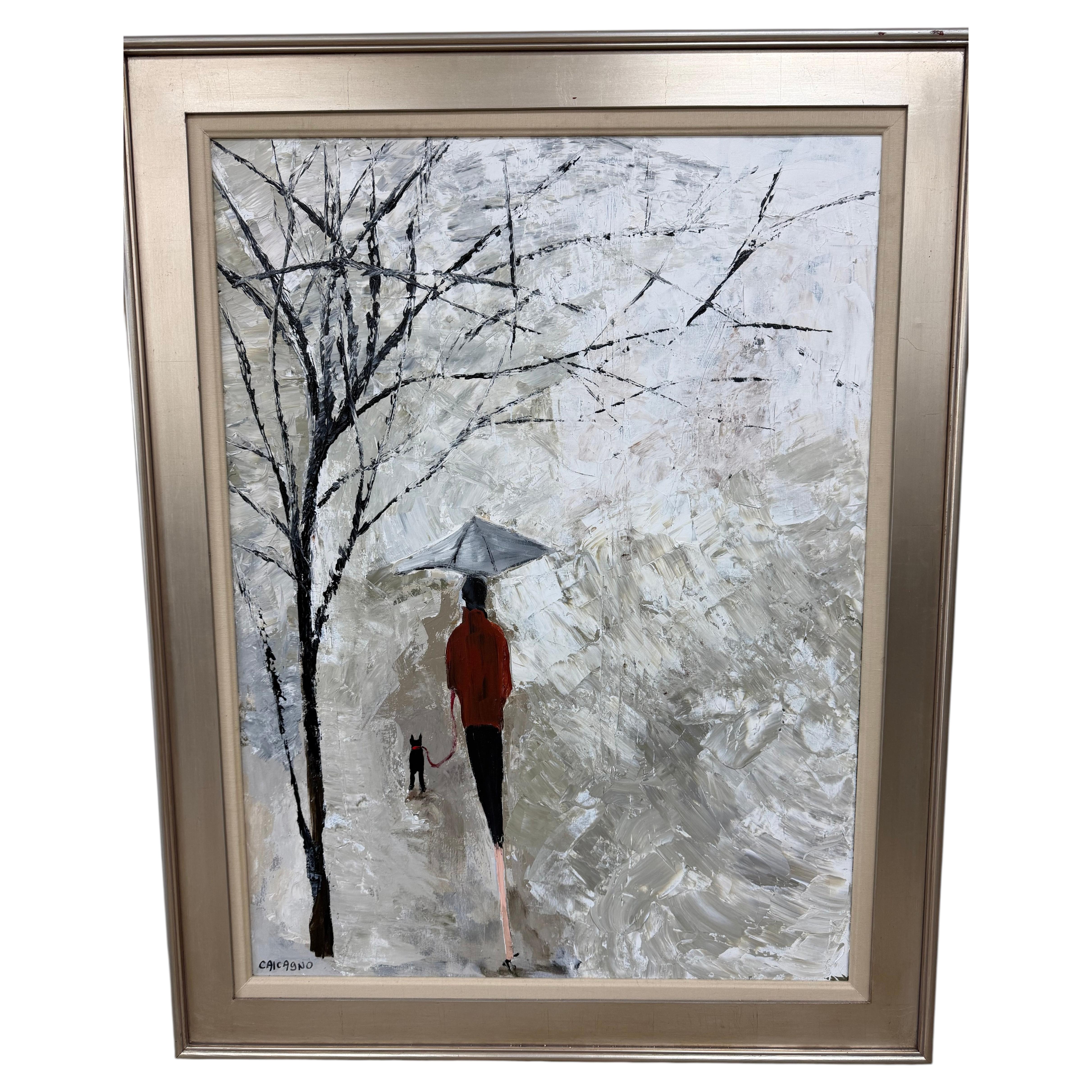 Mujer con sombrilla blanca - Escena urbana impresionista contemporánea por Robert J. C