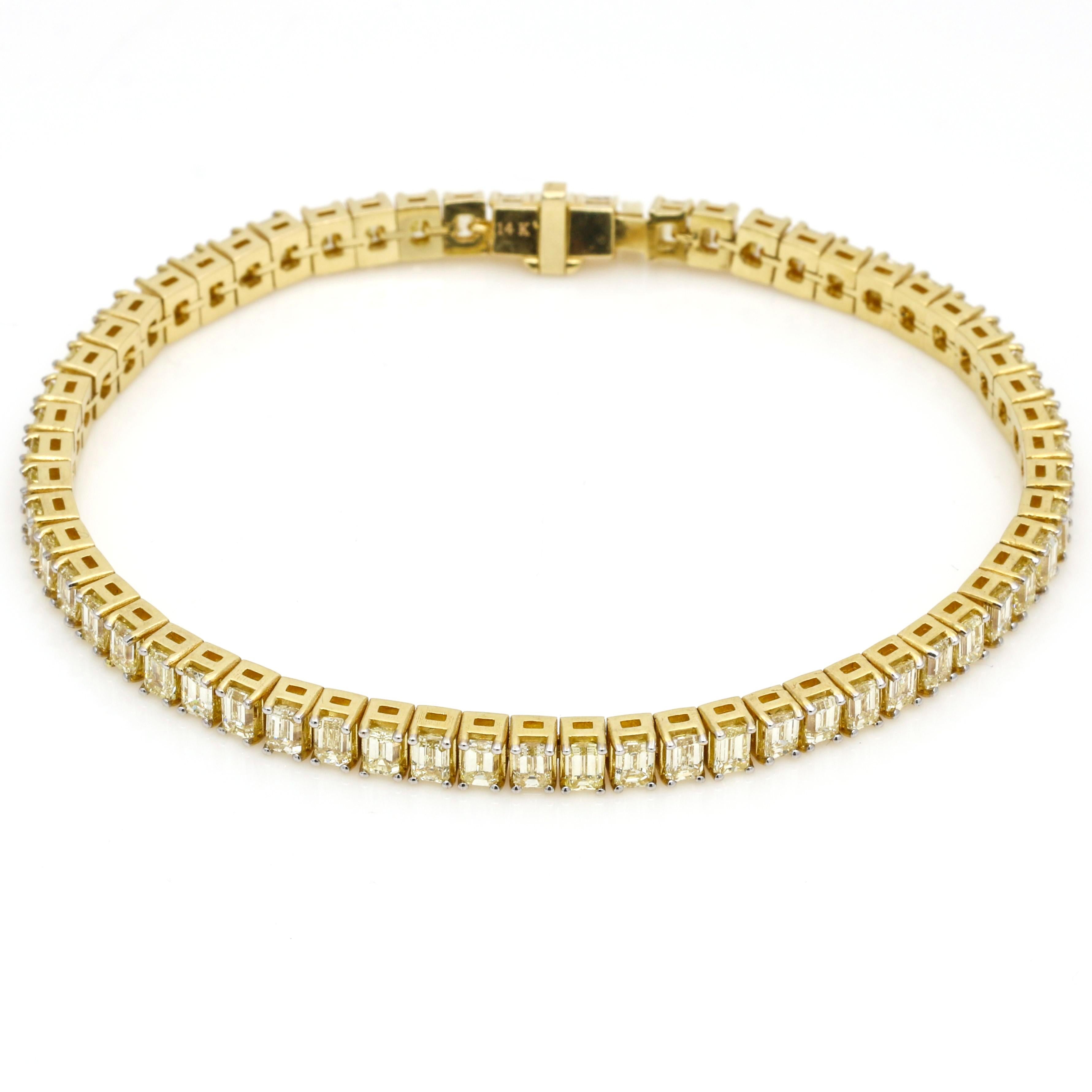 This stunning diamond tennis bracelet is crafted in 14k yellow gold. With 8.97 carats of natural diamonds, you can add this to your collection or give it to someone special as a gift. The elegant slide tongue clasp makes this piece easy and