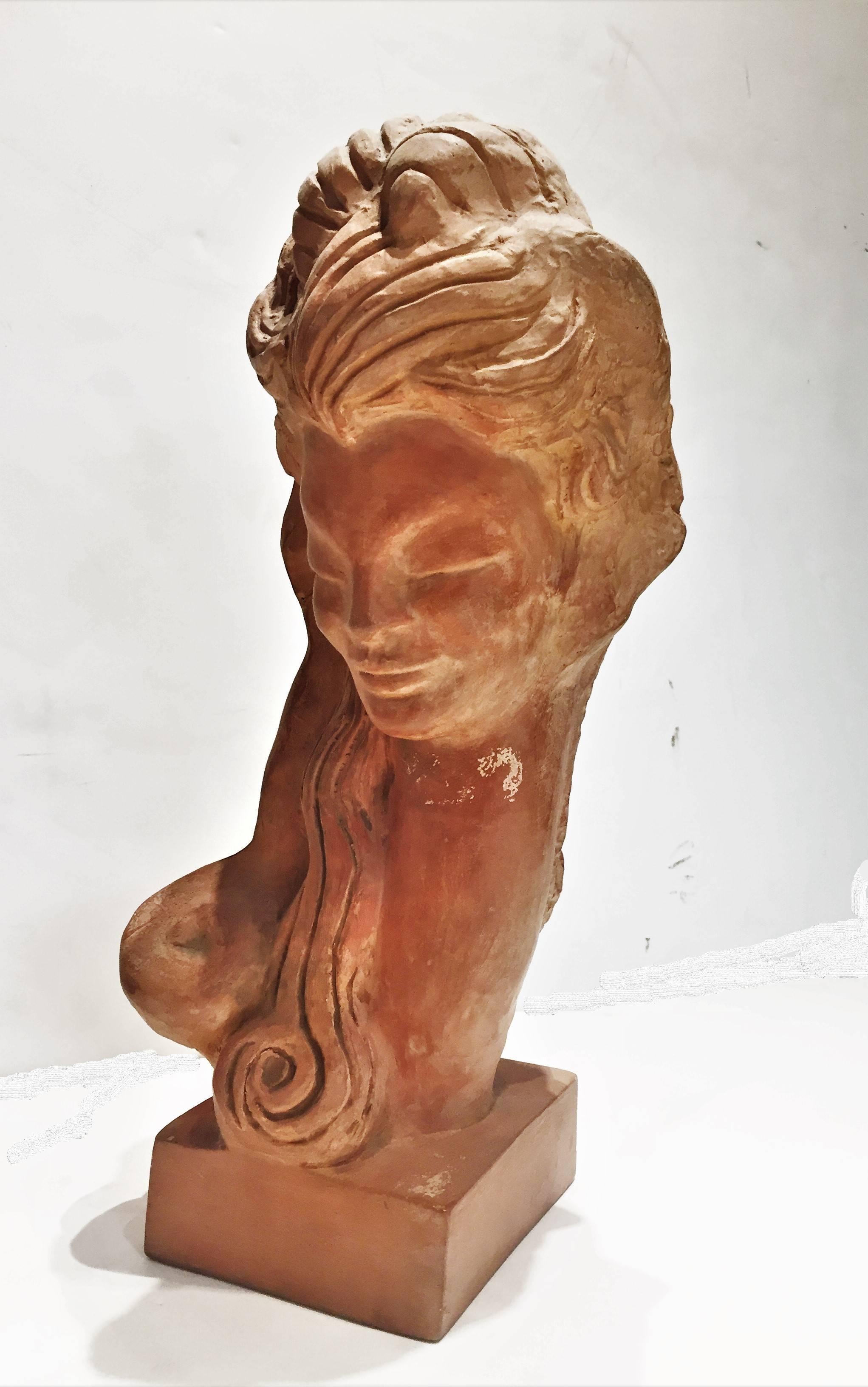 Mid-Century Modern Tête de femme, sculpture américaine en terre cuite moderne du milieu du siècle dernier, années 1950