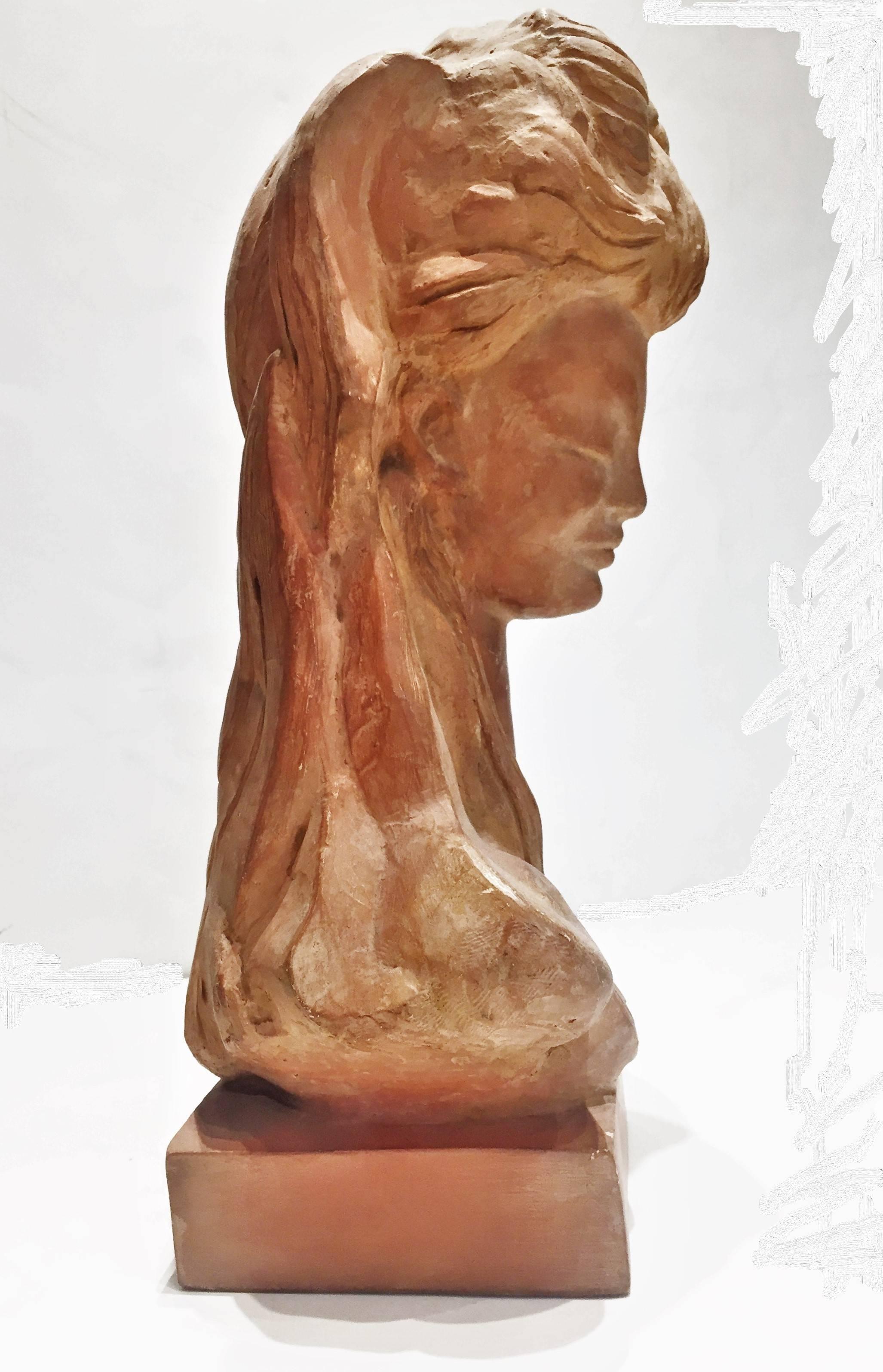 Fait main Tête de femme, sculpture américaine en terre cuite moderne du milieu du siècle dernier, années 1950