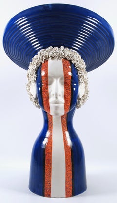 Pieza de Cerámica Decorativa Cabeza de Mujer Azul, Hecha a Mano Italia, 2021, Artesanal