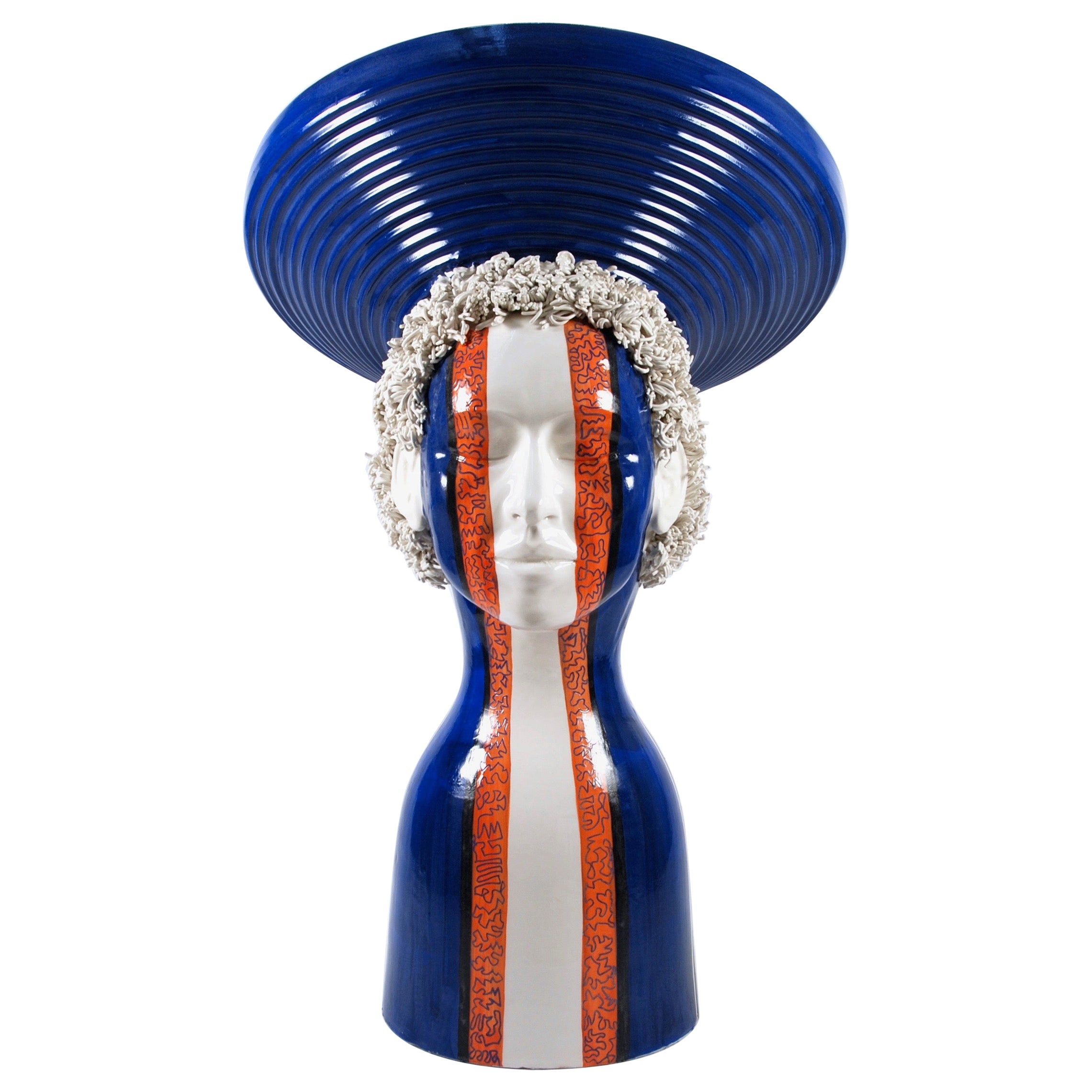 Testa di donna in ceramica decorativa blu, fatto a mano in Italia, 2021, lavorato a mano