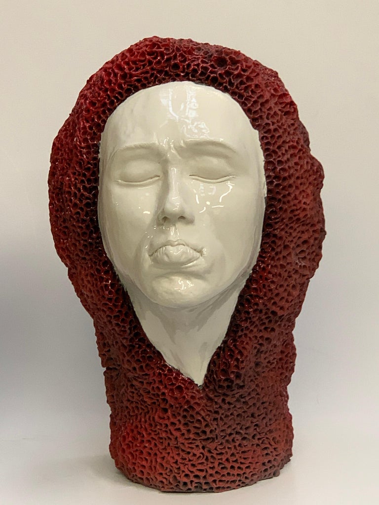 Woman's Head Sponge Decorative Ceramic Piece, Handmade Italy, 2021