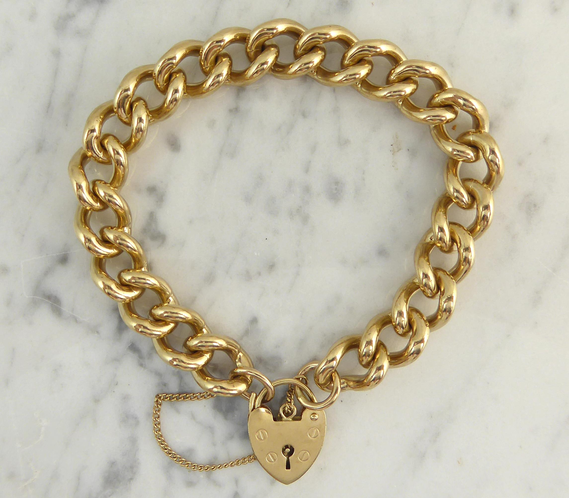 Modern Woman's or Men's Vintage Gold Curb Link Bracelet, Padlock Closure, Yellow Gold