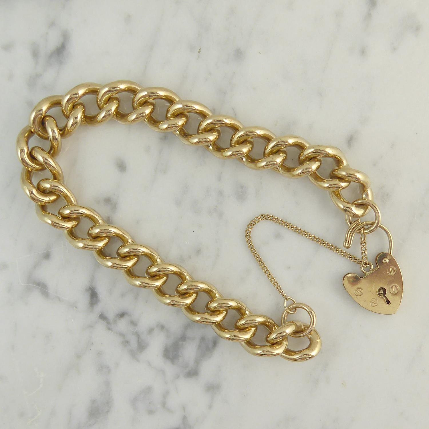 Woman's or Men's Vintage Gold Curb Link Bracelet, Padlock Closure, Yellow Gold 1