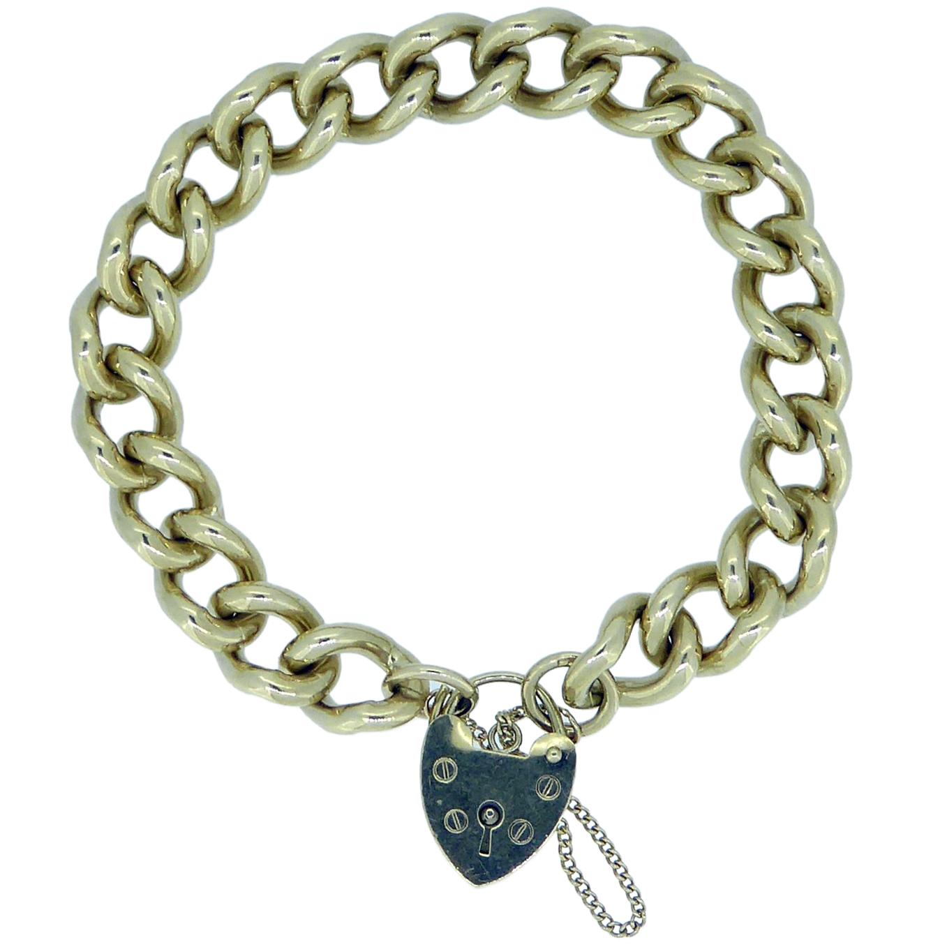 Woman's or Men's Vintage Gold Curb Link Bracelet, Padlock Closure, Yellow Gold