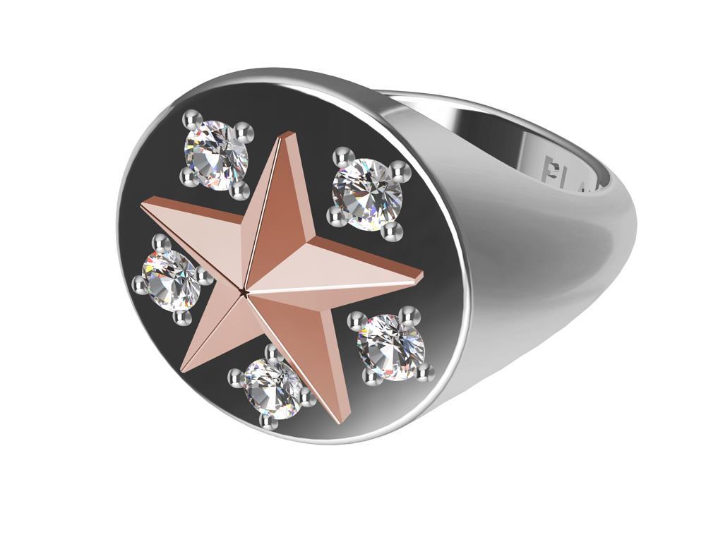 For Sale:  Womans Platinum and 18 Karat Pink Gold GIA Diamond Star Signet Ring 9