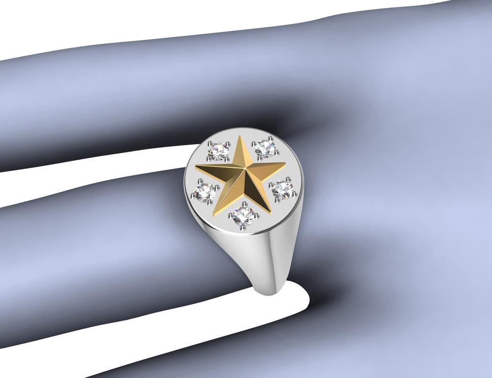 For Sale:  Womans Platinum and 18 Karat Yellow Gold GIA Diamond Star Signet Ring 6