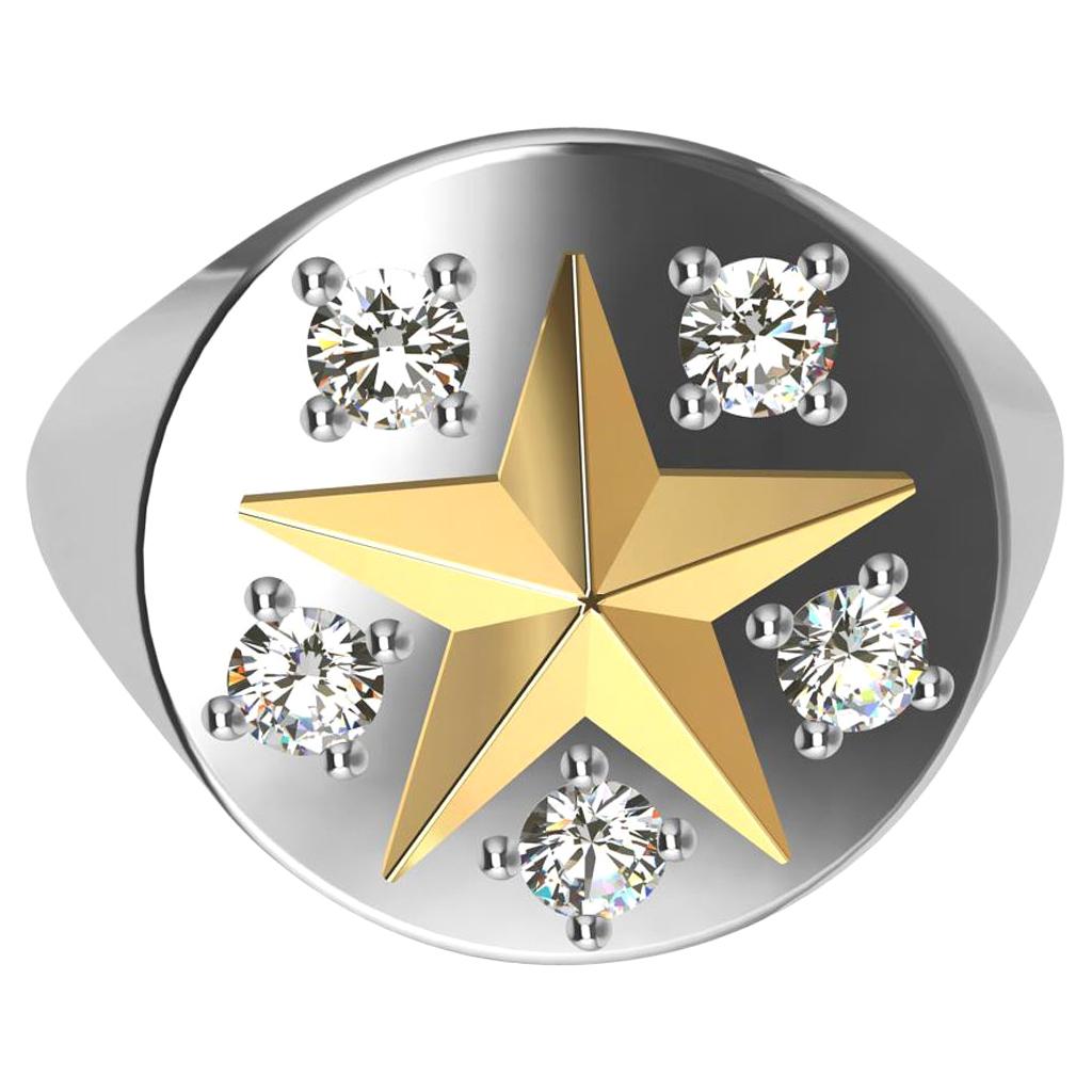 Womans Platinum and 18 Karat Yellow Gold GIA Diamond Star Signet Ring