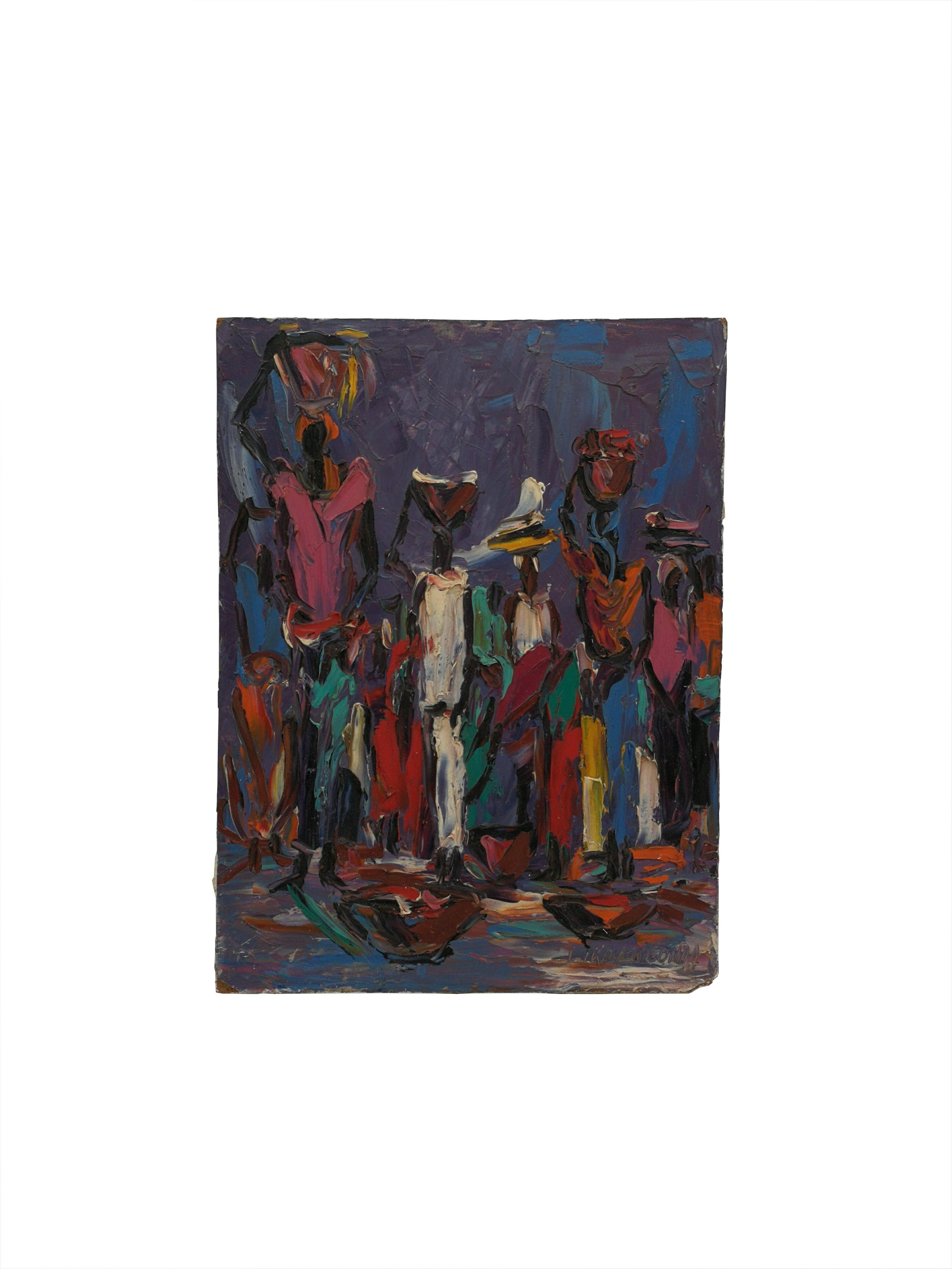 Absolutely gorgeous knife painting of women carrying burdens on her heads. Signed by Louis Koyongonda. Oil on billboard. Belgium Congo between 1940 & 1960. Knife painting. Unframed. The paintings of this welll know African painter of the Congolese