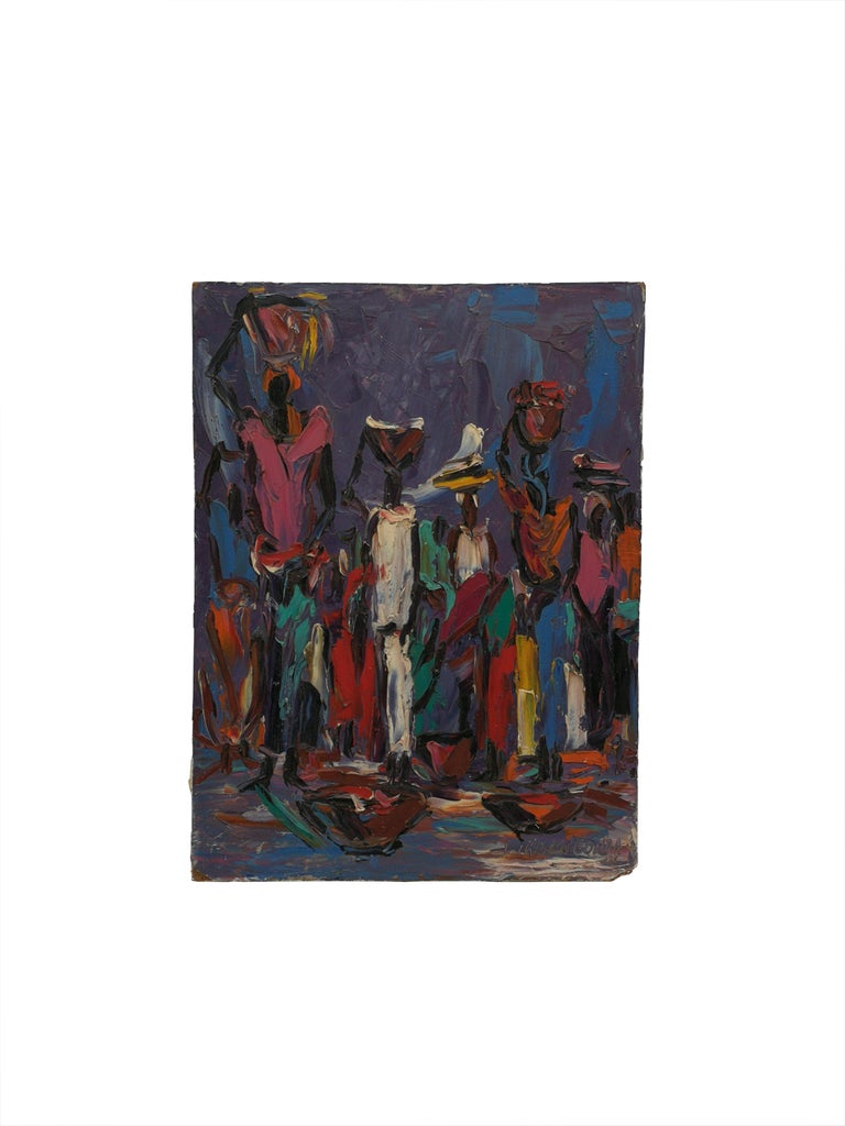 Absolutely gorgeous knife painting of women carrying burdens on her heads. Signed by Louis Koyongonda. Oil on billboard. Belgium Congo between 1940 & 1960. Knife painting. Unframed. The paintings of this welll know African painter of the Congolese