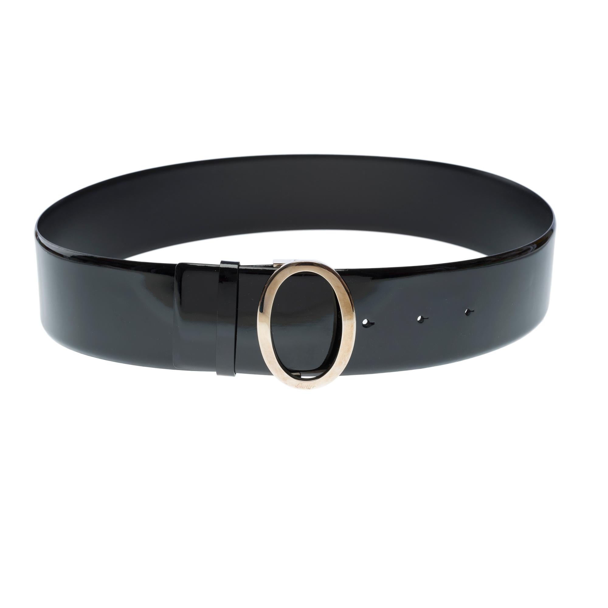 Black Women Cartier Belt in black patent leather and silver buckle For Sale