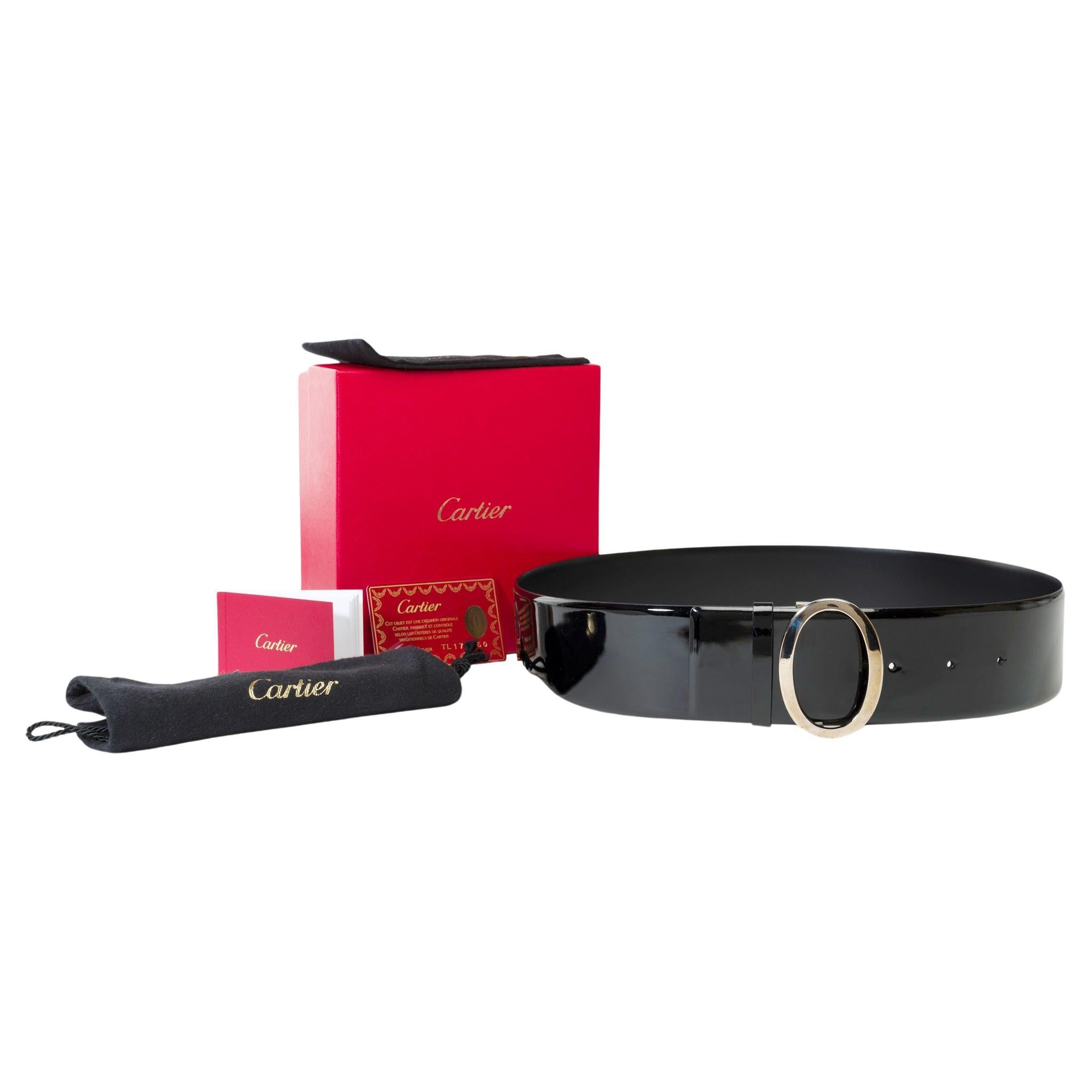 Women Cartier Belt in black patent leather and silver buckle For Sale at 1stDibs