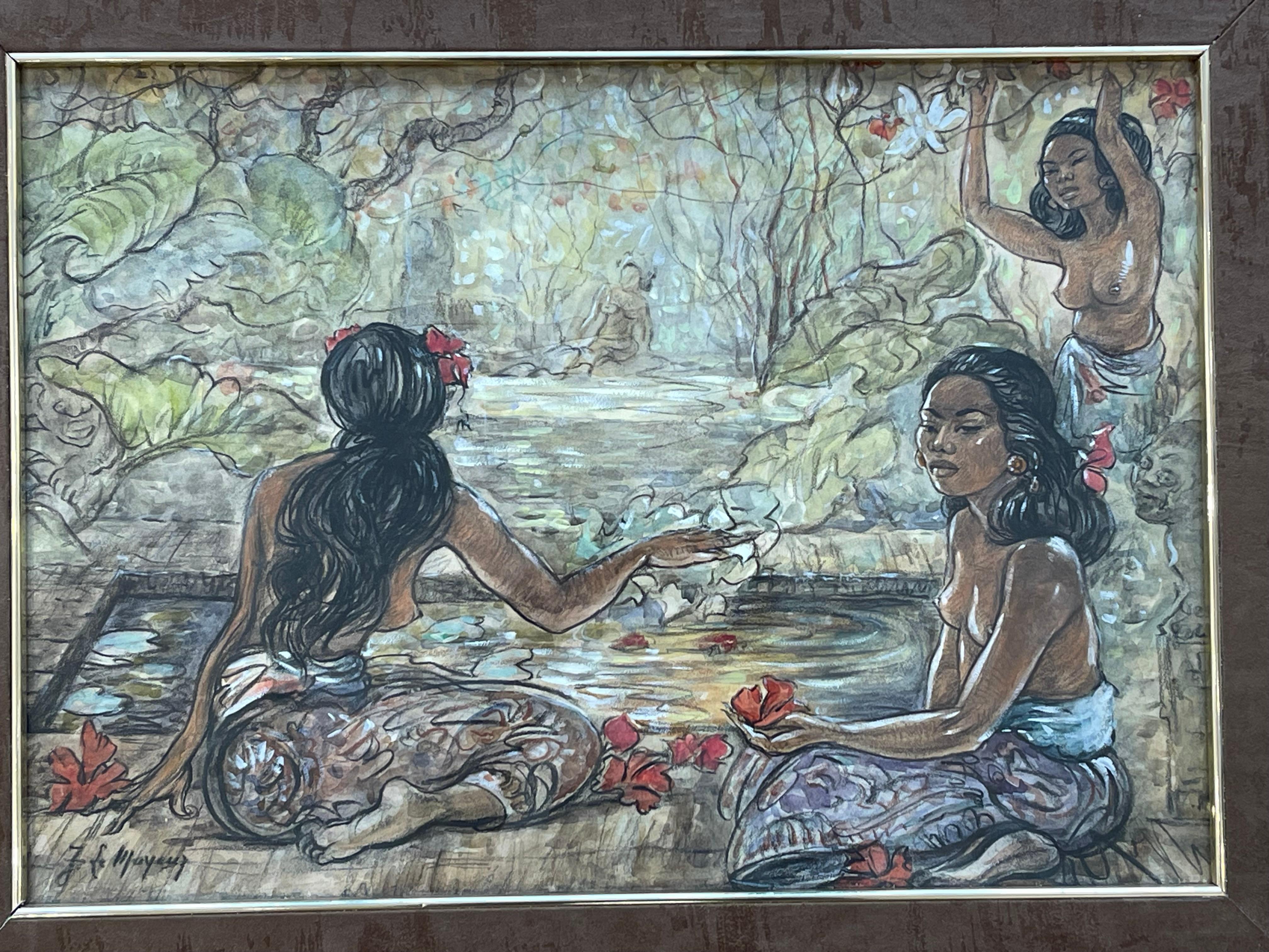 The work is typical for Le Mayeur de Merpres, a Belgian painter married to a indonesian woman, who represented many scenes of everyday life in Bali in the 30s-40s. 
Adrien Le Mayeur came to Bali at Singaraja by boat in 1932. He then stayed in