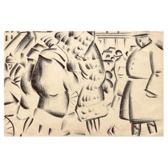 Antique "Women in Furs, " New York Art Deco-Cubist Street Scene, 1920s, by Reznikoff