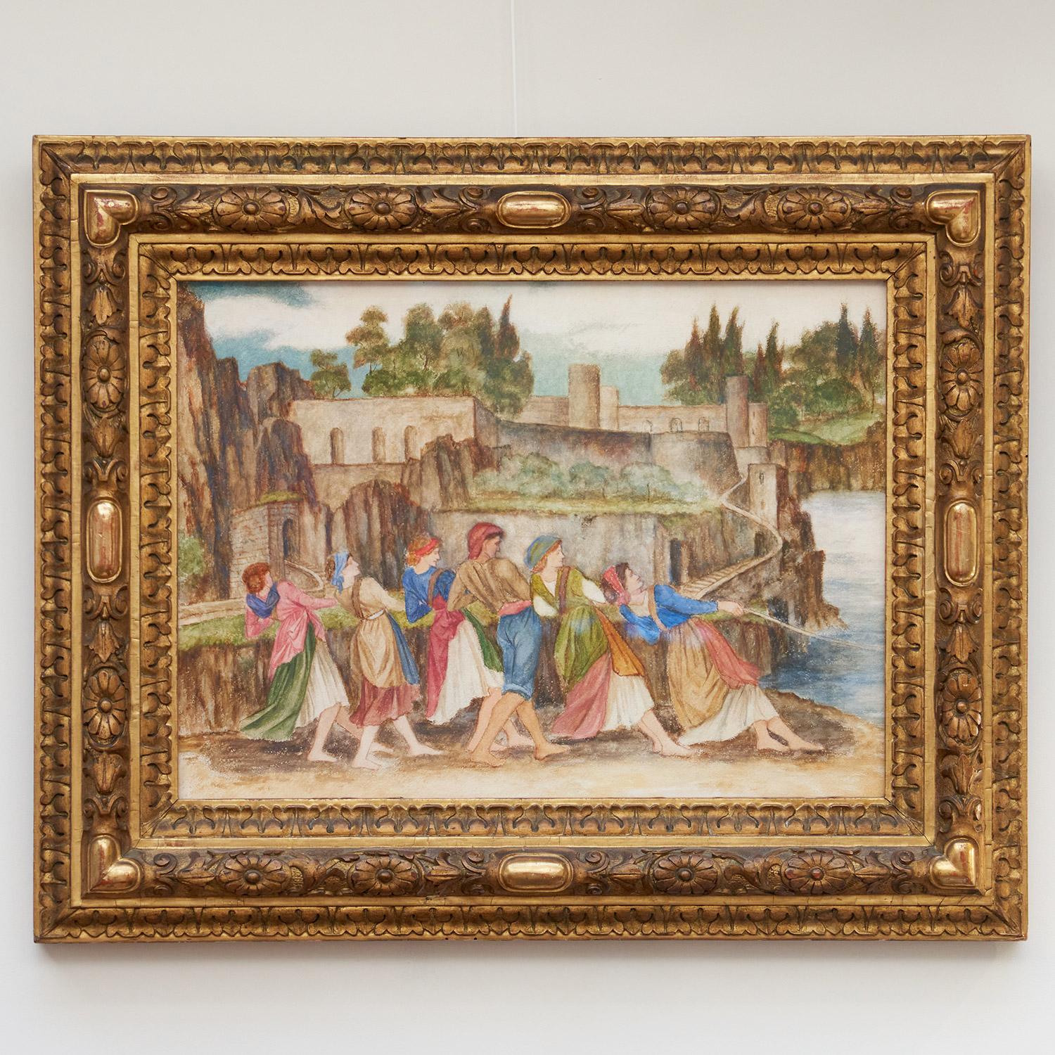 The Women of Sorrento' Pencil, watercolour and body colour painting by John Roddam Spencer Stanhope (1829-1908). The Women of Sorrento drawing in the boats with the help of a young man. Set to a Tuscan backdrop. Original frame. 

Stanhope
