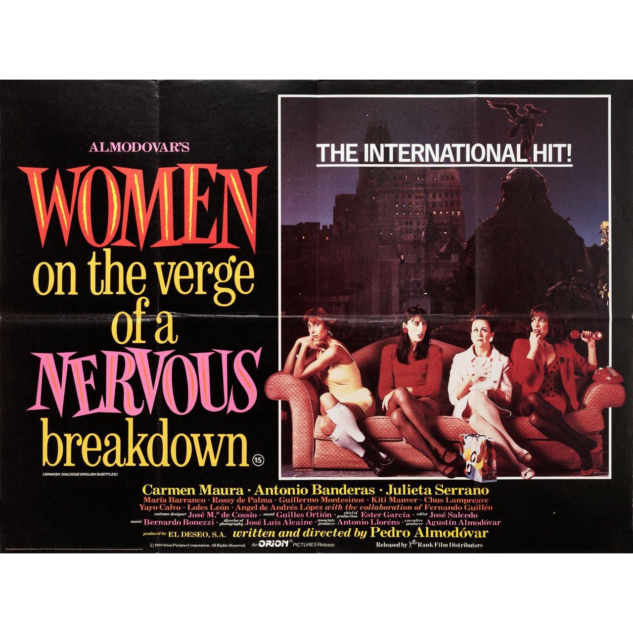 Original 1988 British quad poster for the film Women on the Verge of a Nervous Breakdown (Mujeres al borde de un ataque de nervios) directed by Pedro Almodovar with Carmen Maura / Antonio Banderas / Julieta Serrano / Maria Barranco. Very Good-Fine