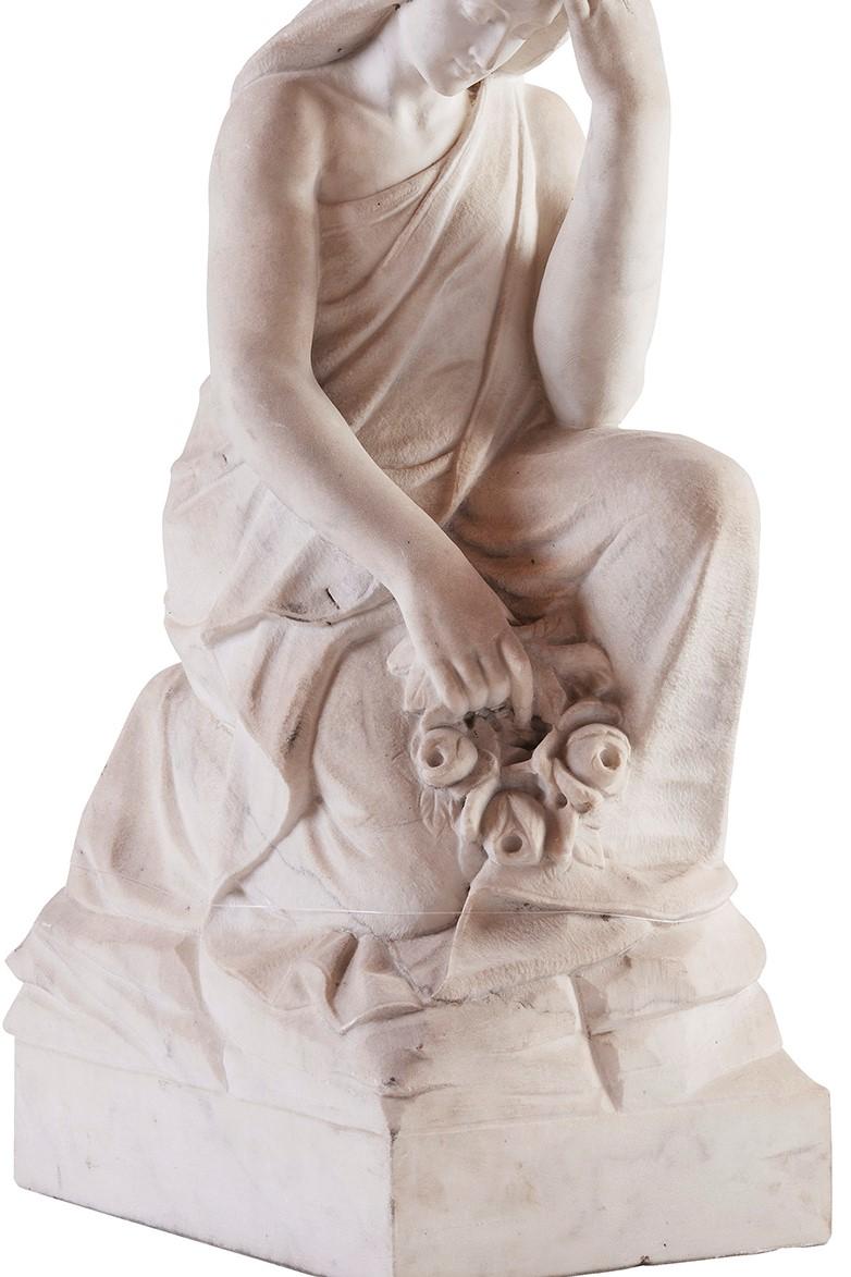 Carved Women Thinking Scuplture, 19th Century, white Marble For Sale
