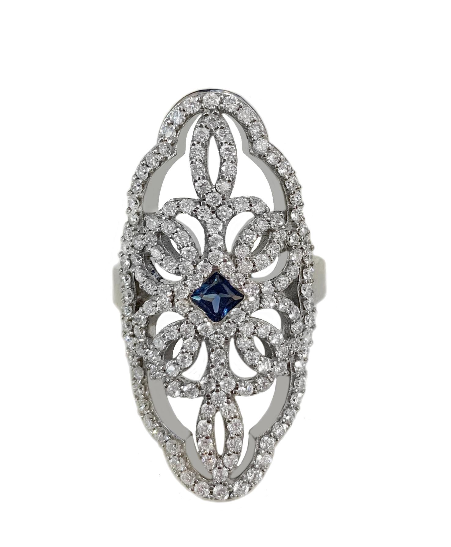 Material: 14k White Gold 
Weight:10.6gr 
Stones: Sapphire 0.30ct 
Diamonds:  2.5ct VS clarity G Color 
Ring size : 7
Ornament Dimension: 17x35mm