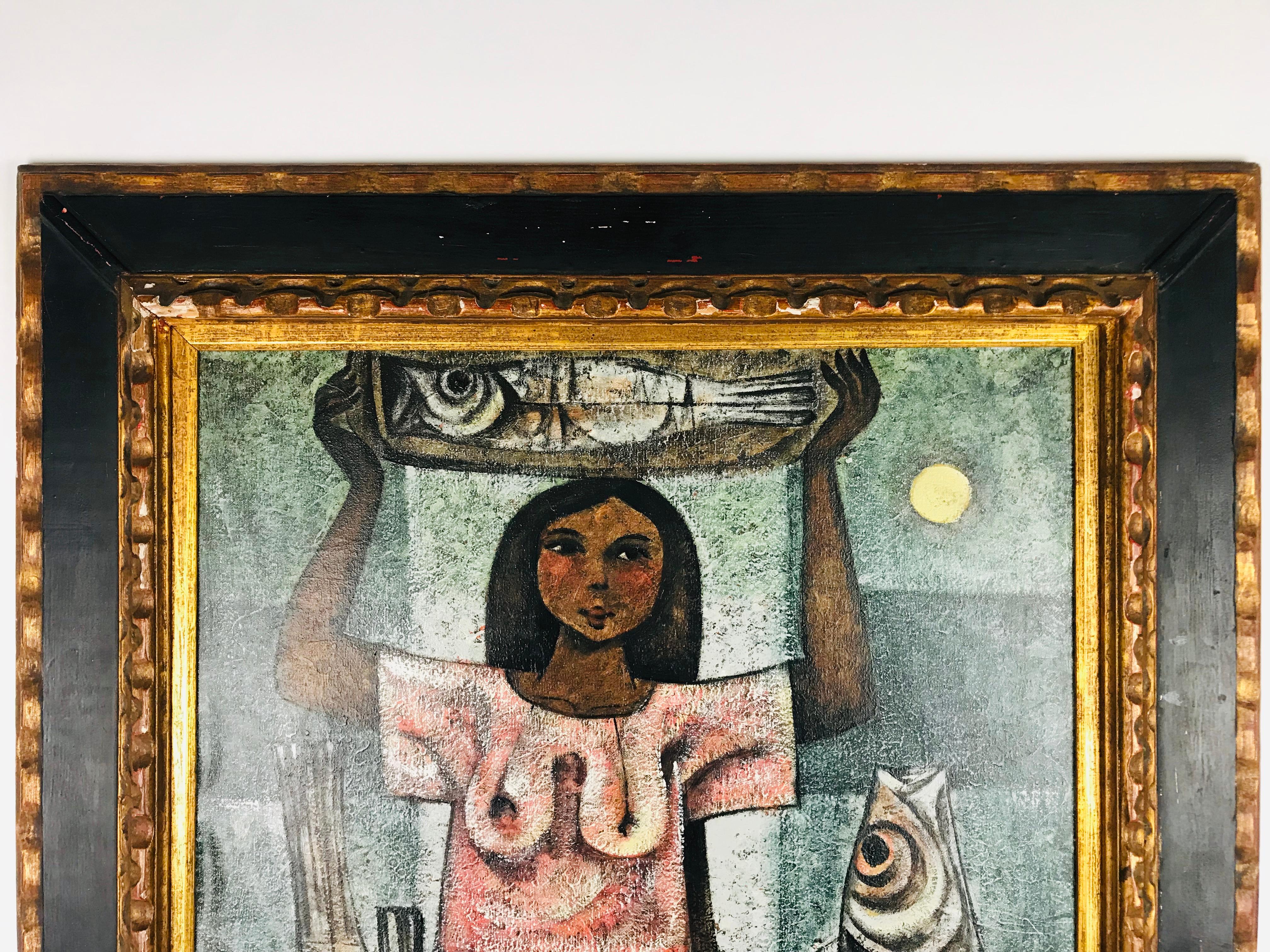 An exquisite oil on canvas by listed Plilippine Artist Roger San Miguel born, 1940. 

A stylized painting of a young village woman holding a fish on her head and 2 more at her side probably going to market. Modern colors with cubist undertones.