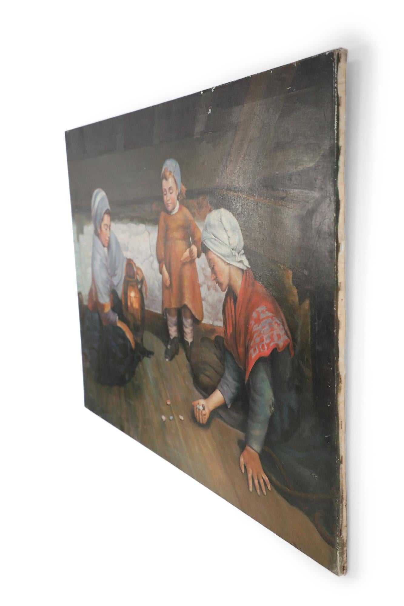 Vintage (20th Century) unframed canvas oil painting depicting two women wearing shawls and head wraps playing with stones on an interior floor, while a small child watches.
  