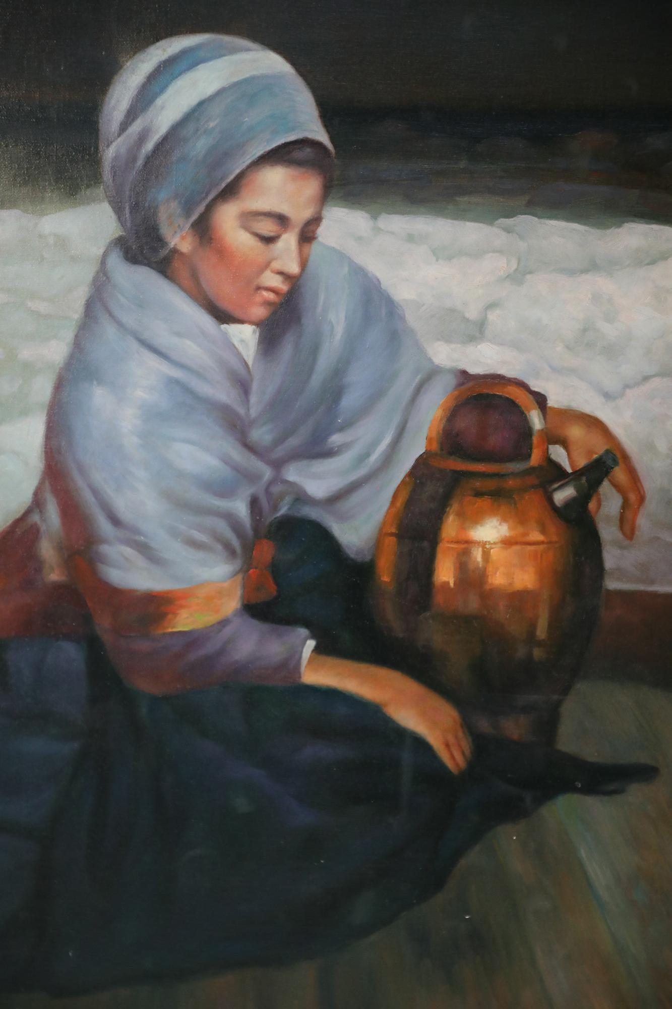 XX secolo Donna con pietre Pittura a olio su tela in vendita