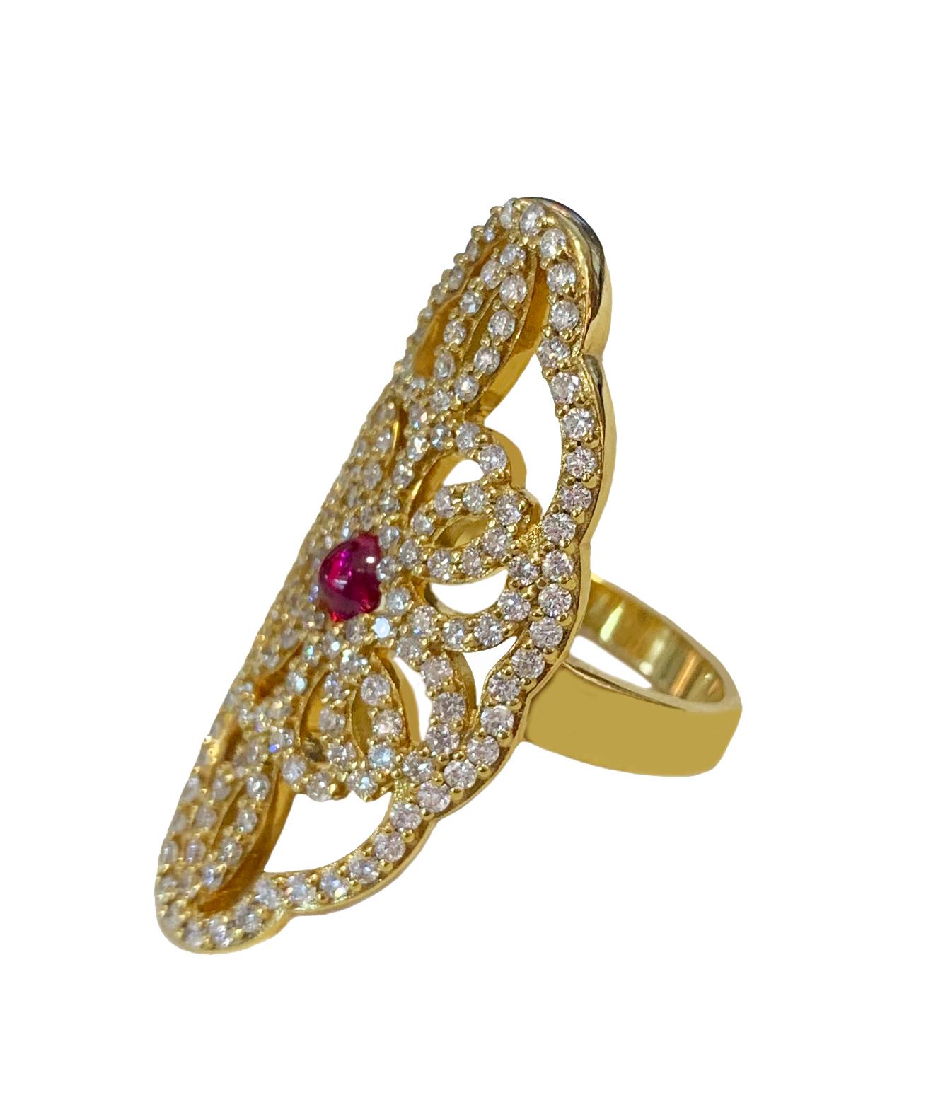Material: 14k Yellow Gold 
Weight:10.6gr 
Stones: Diamond  and Ruby 
Diamonds: 2.5ct VS clarity G Color 
Ruby:0.30ct
Ring size :6.5
Ornament Dimension:36x18mm