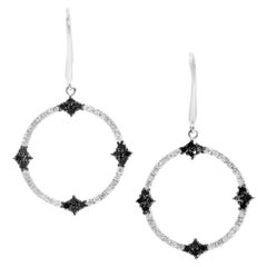 Women
s 14 Karat White Gold Black and White Diamond Pave Hoop Dangle Earrings