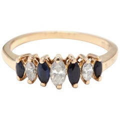 Vintage Women's 14 Karat Yellow Gold, Diamond and Sapphire Marquise Band Ring