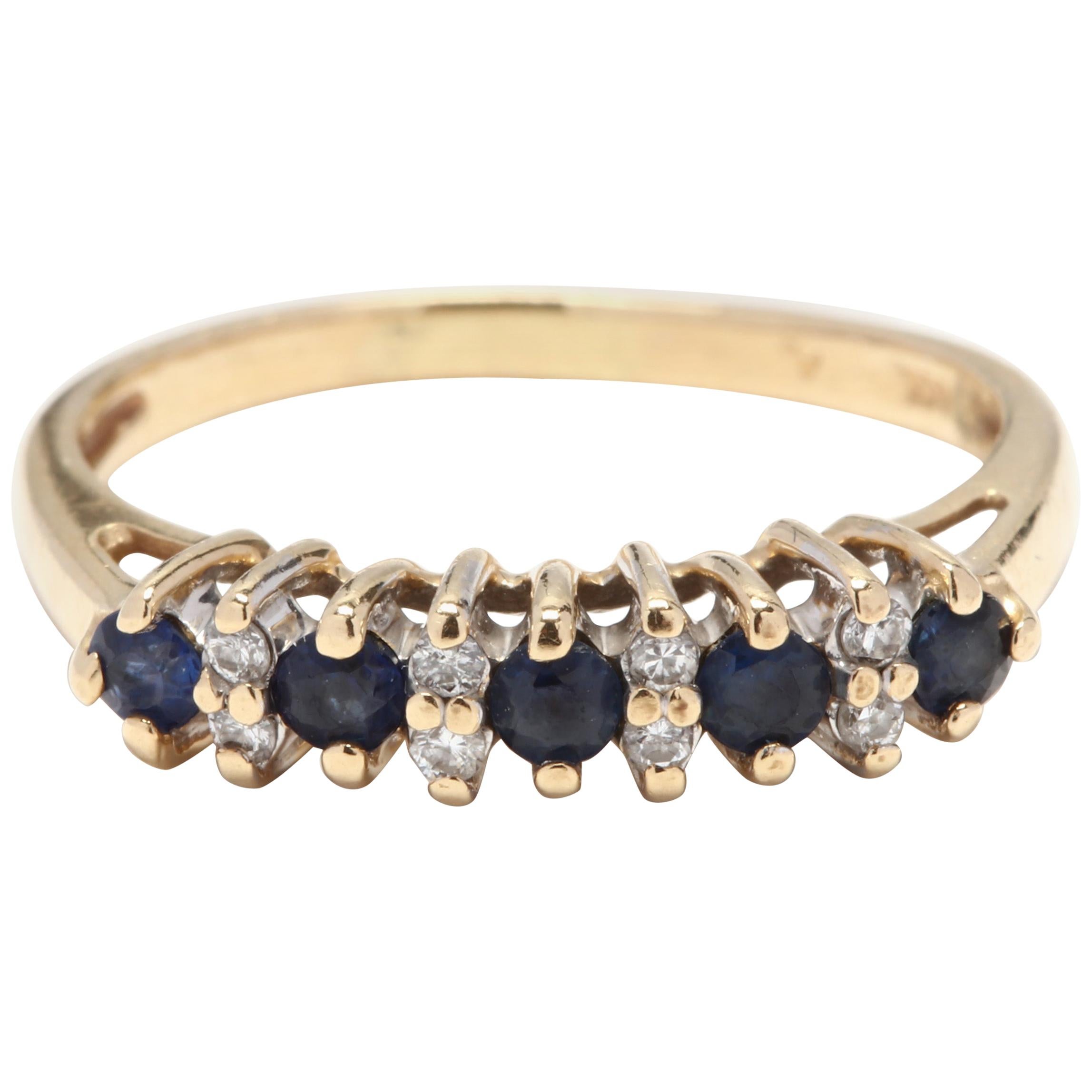 Women's 14 Karat Yellow Gold, Sapphire and Diamond Band Ring