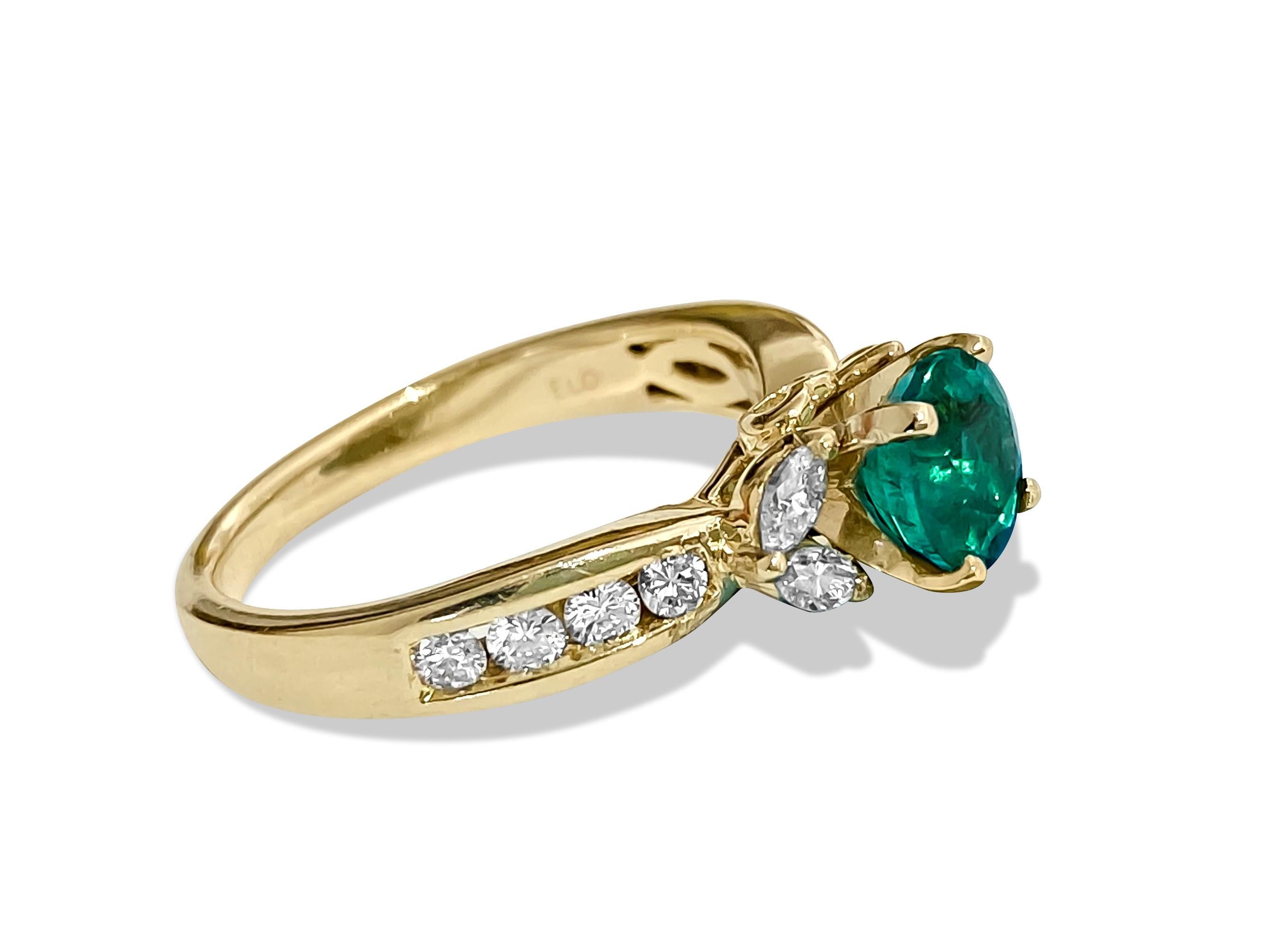Make a timeless statement with this exquisite 14k gold engagement ring, featuring a vibrant emerald center stone paired with dazzling diamonds. The perfect blend of elegance and sophistication, this ring is a stunning choice for celebrating your