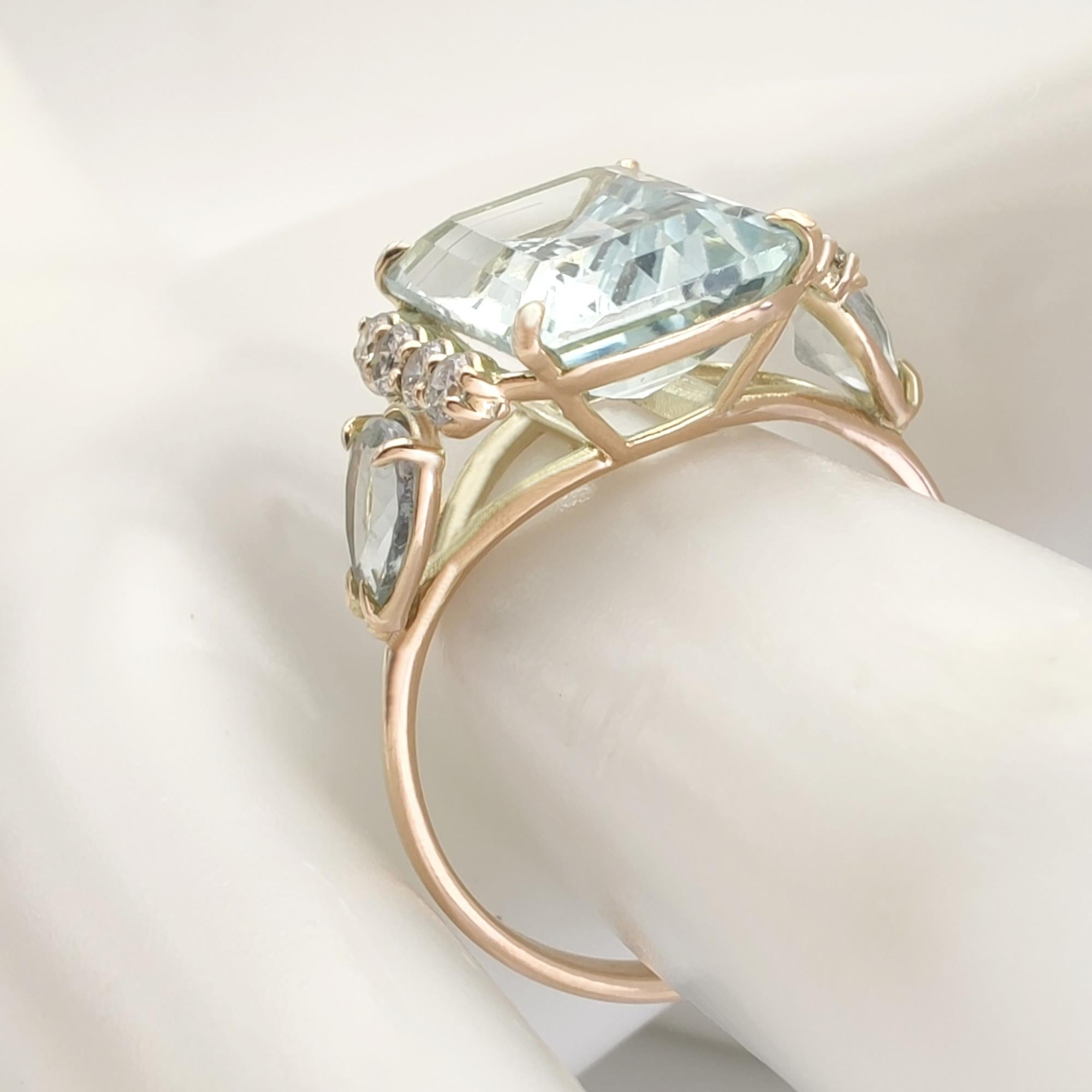 Emerald Cut Women's 14K Gold Ring Aquamarine and Diamonds Perfect for Proposals Engagements