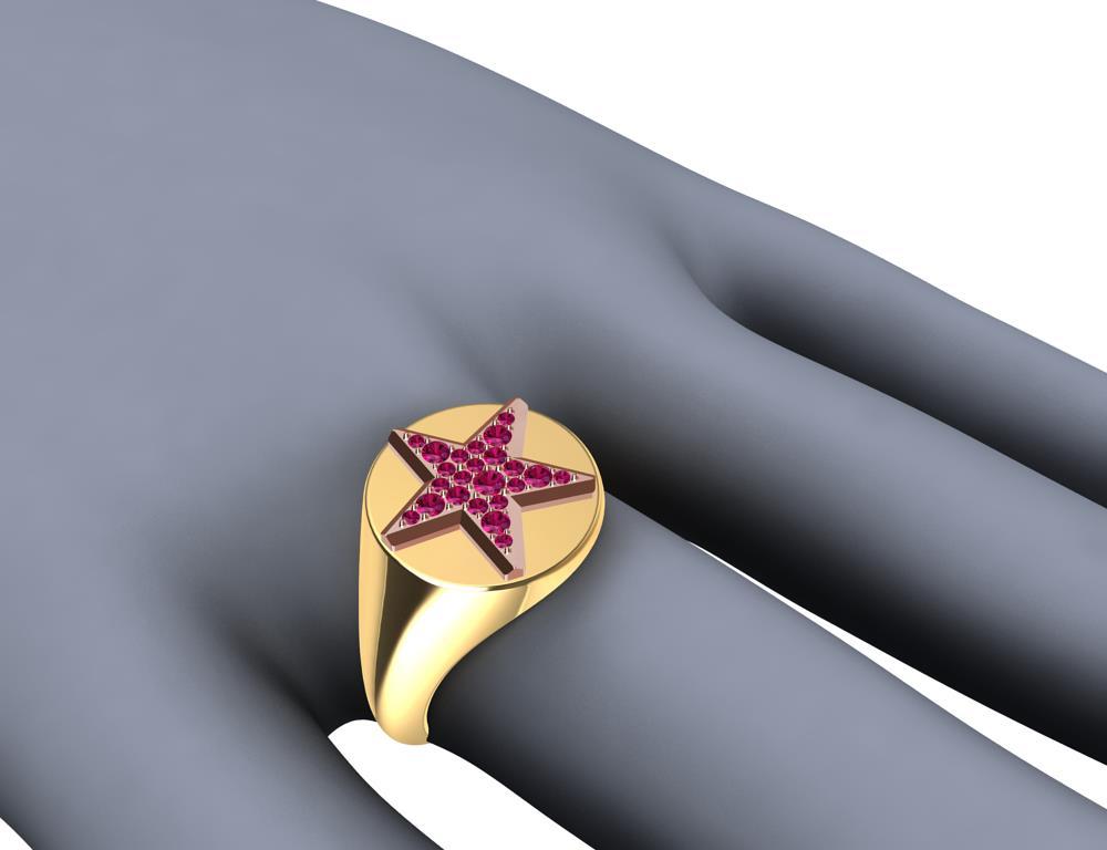 For Sale:  Womens 18 Karat Yellow and 18 Karat Rose Gold Rubies Star Signet Ring 11