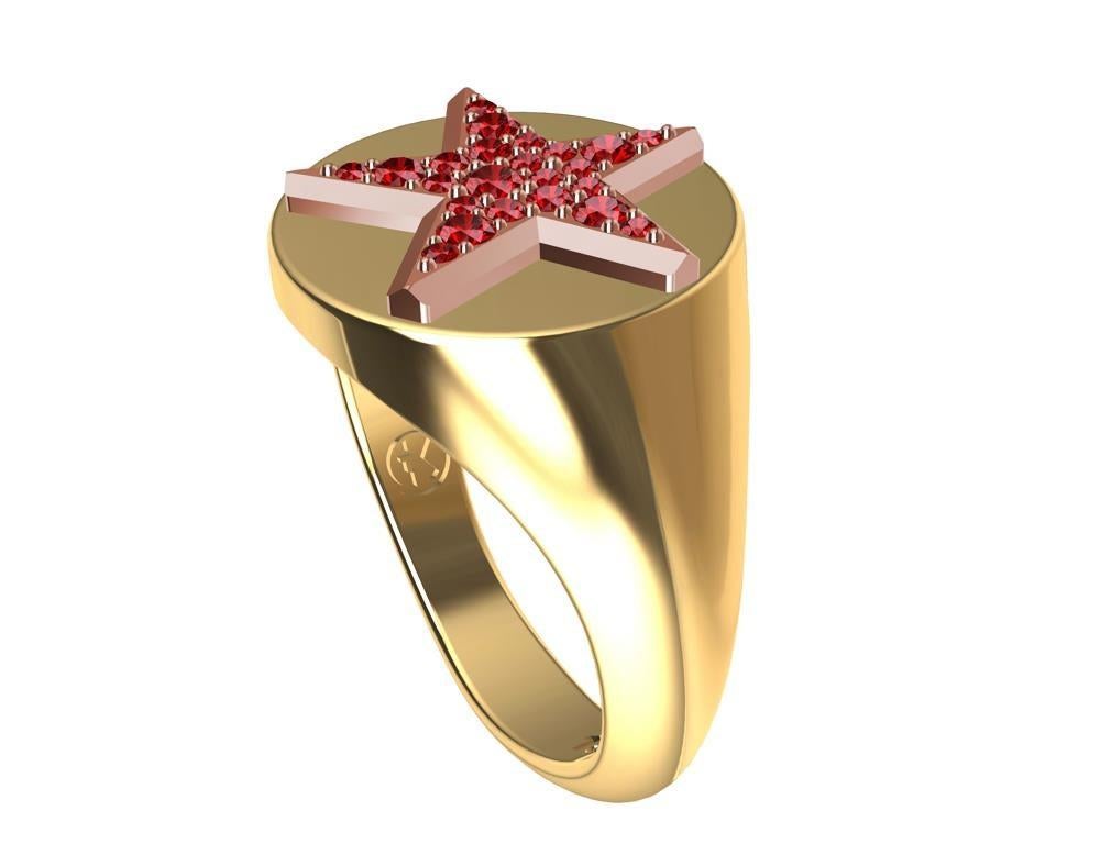 For Sale:  Womens 18 Karat Yellow and 18 Karat Rose Gold Rubies Star Signet Ring 5