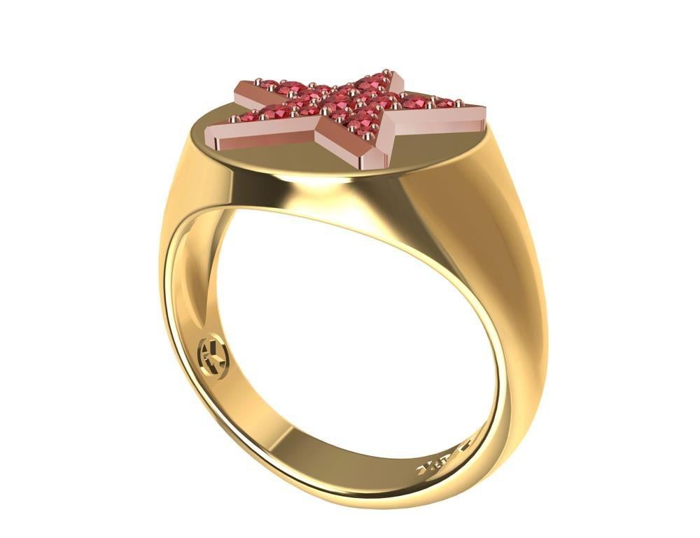 For Sale:  Womens 18 Karat Yellow and 18 Karat Rose Gold Rubies Star Signet Ring 6