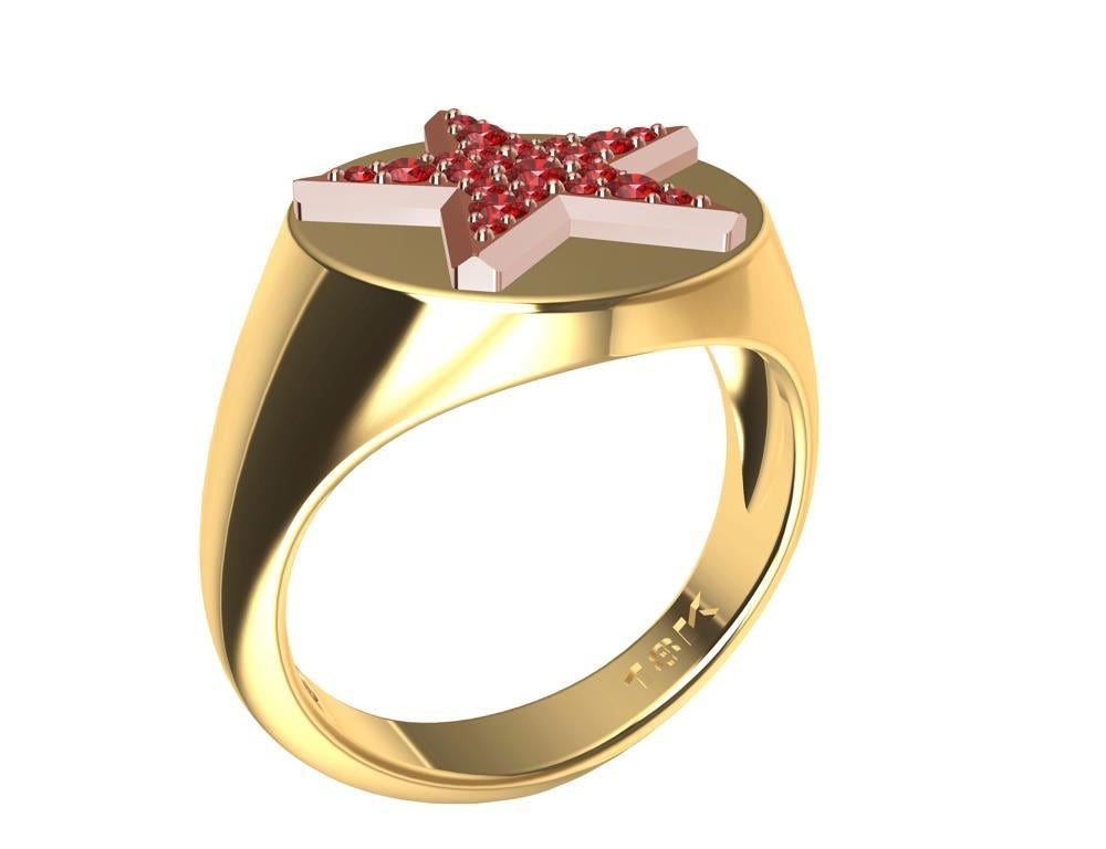 For Sale:  Womens 18 Karat Yellow and 18 Karat Rose Gold Rubies Star Signet Ring 7