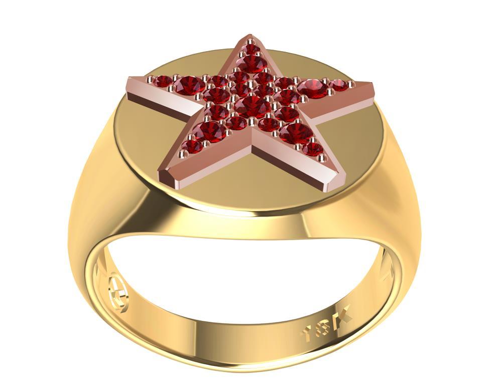 For Sale:  Womens 18 Karat Yellow and 18 Karat Rose Gold Rubies Star Signet Ring 8