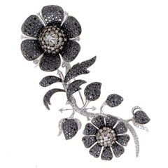 Womens 18K White Gold Full White Black and Brown Diamond Pave Floral Brooch