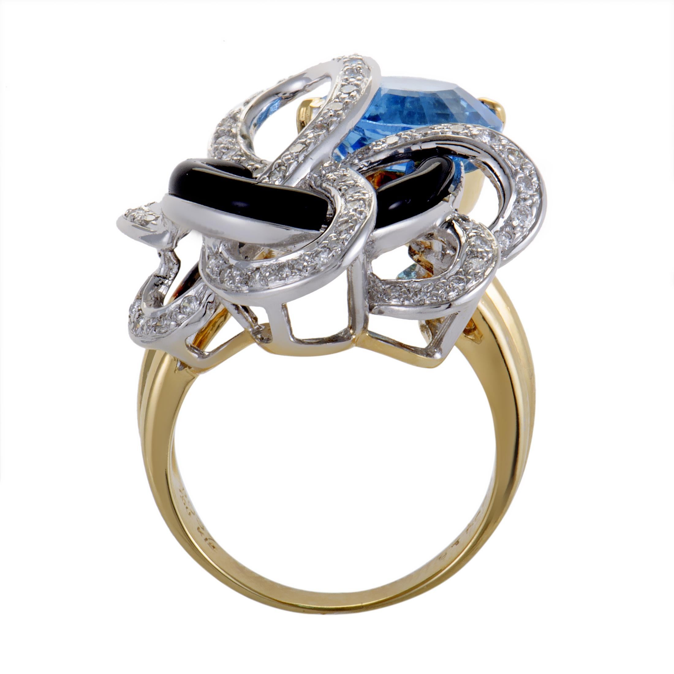 This delightful gem-set ring is perfect for a stylish lady. The ring is made of 18K yellow and white gold and boasts an avant-garde design featuring white diamonds, blue topaz, and black onyx. Absolutely stunning!
