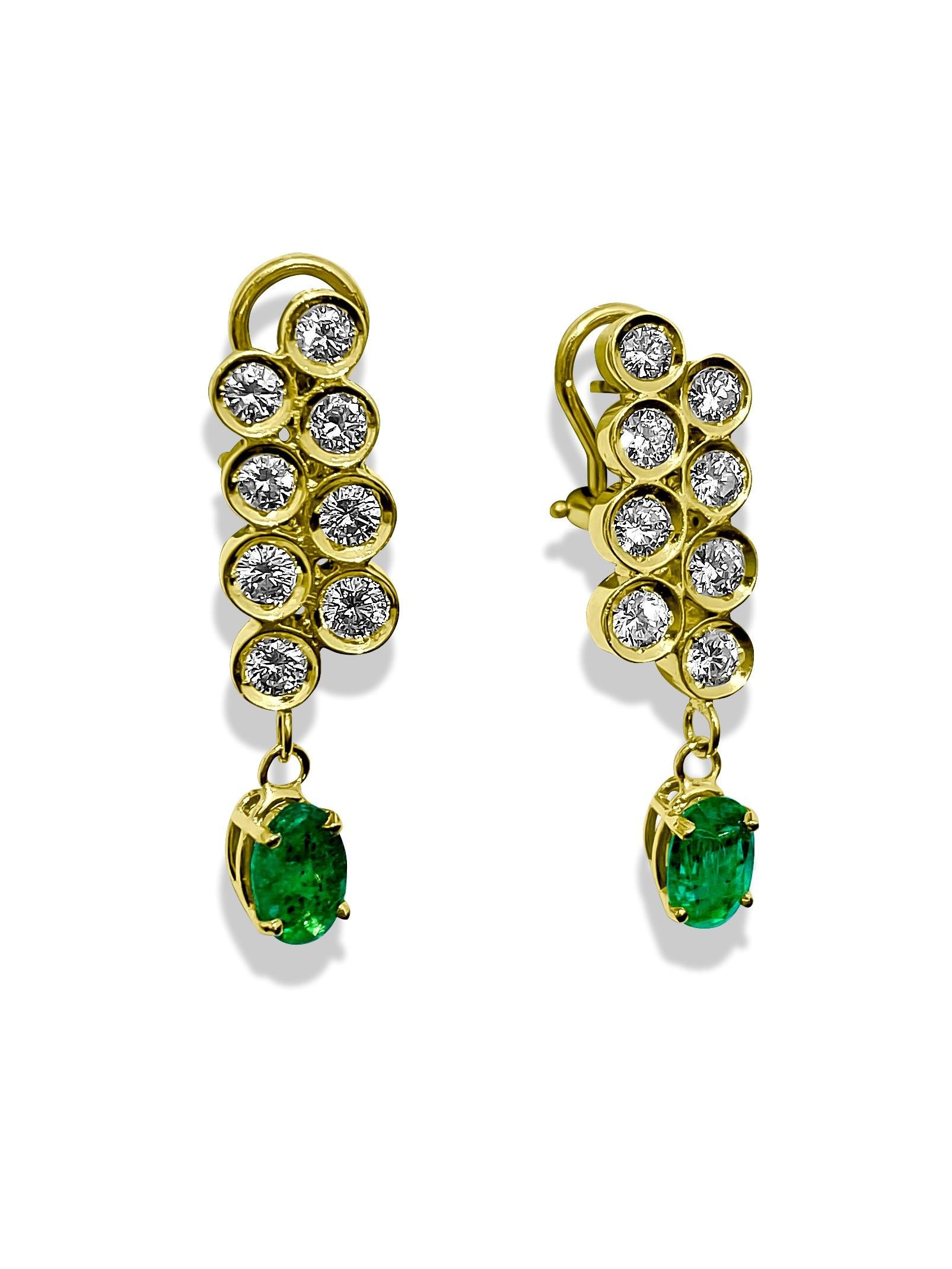 Introducing these exquisite clip-on earrings, crafted from 18K yellow gold and adorned with 2.00 carats of oval-shaped emeralds and 1.50 carats of round brilliant-cut diamonds. With excellent saturation and color in the emeralds and VVS clarity and