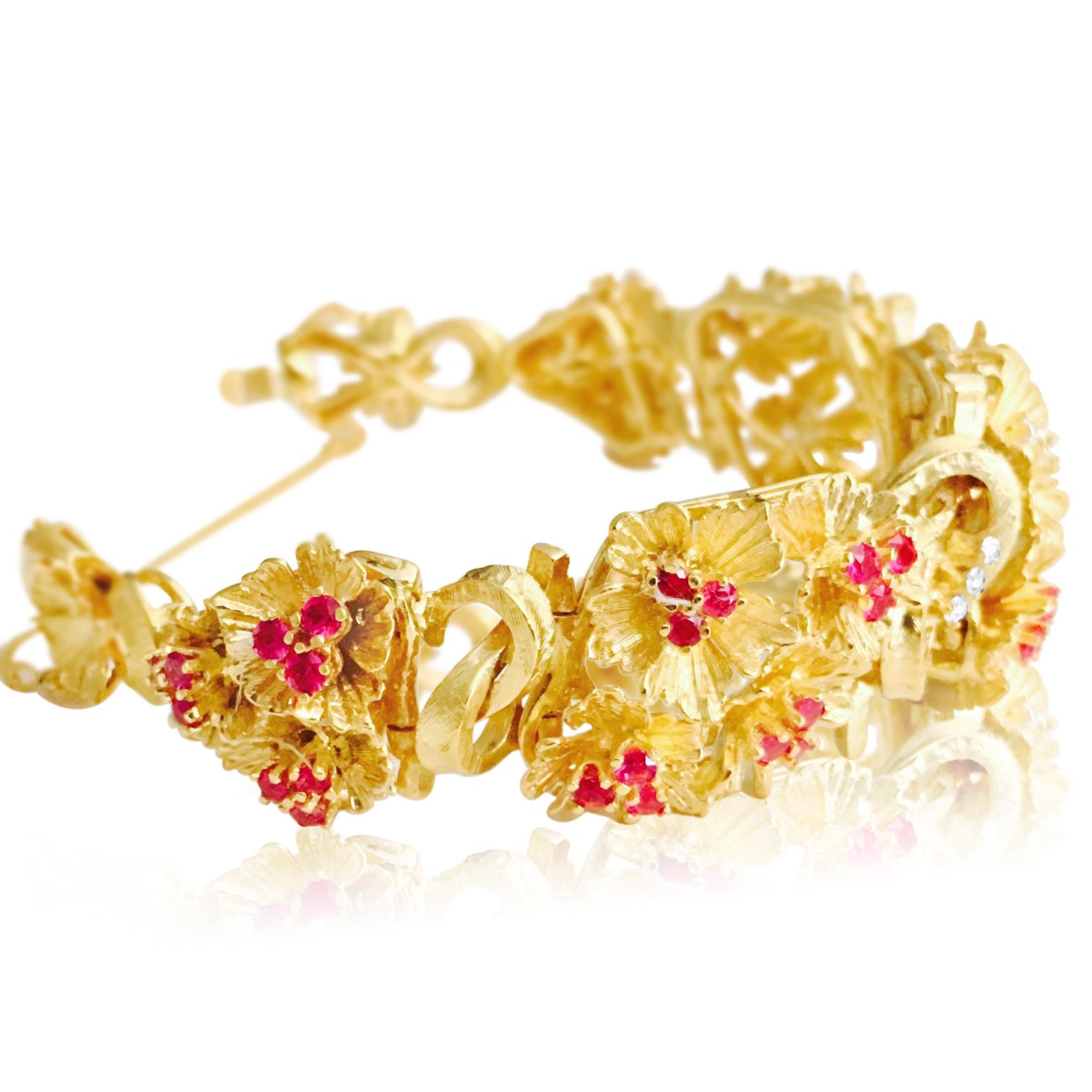 Artisan Womens 6.00 Carat Burma Ruby and Diamond Bracelet in Yellow Gold For Sale