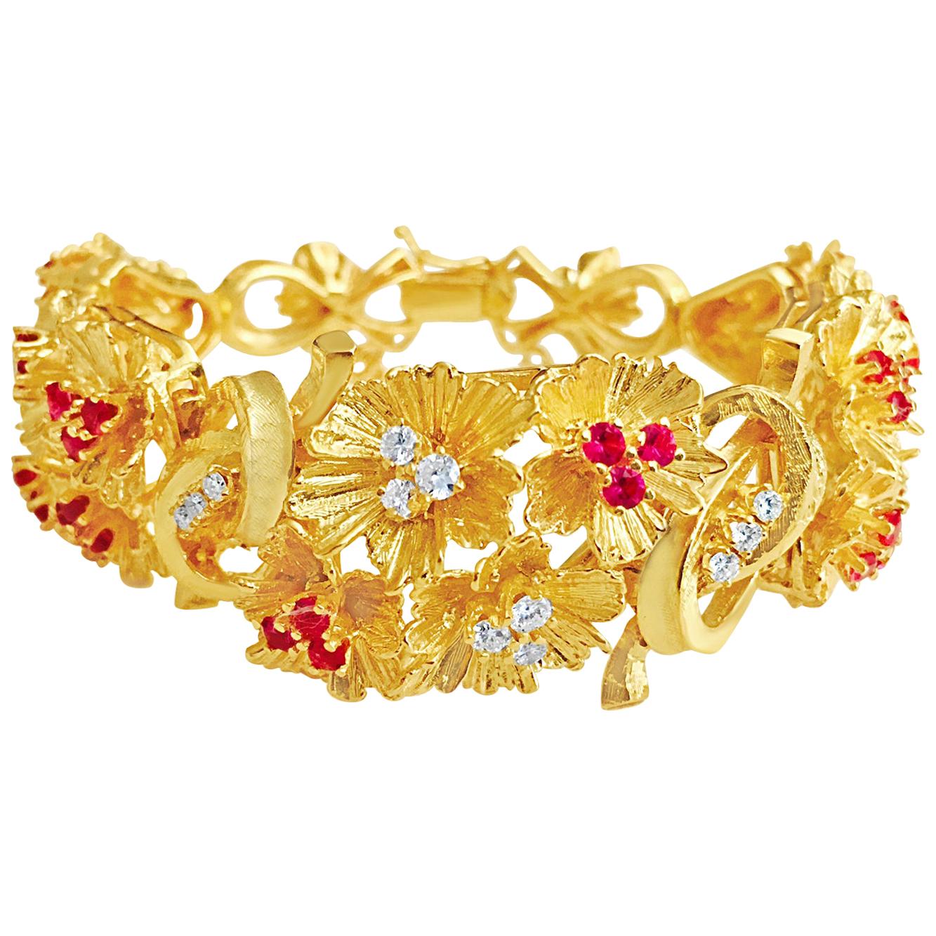 Womens 6.00 Carat Burma Ruby and Diamond Bracelet in Yellow Gold For Sale