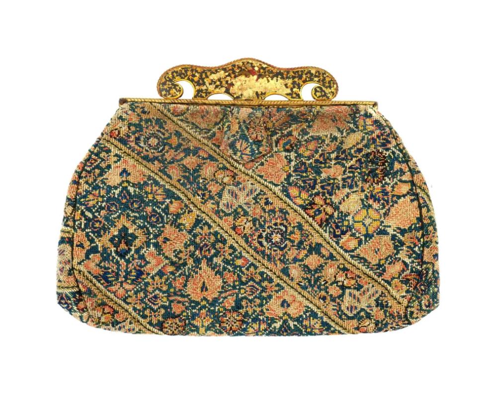 French Womens Bag Covered In Antique Persian Style Tapestry For Sale