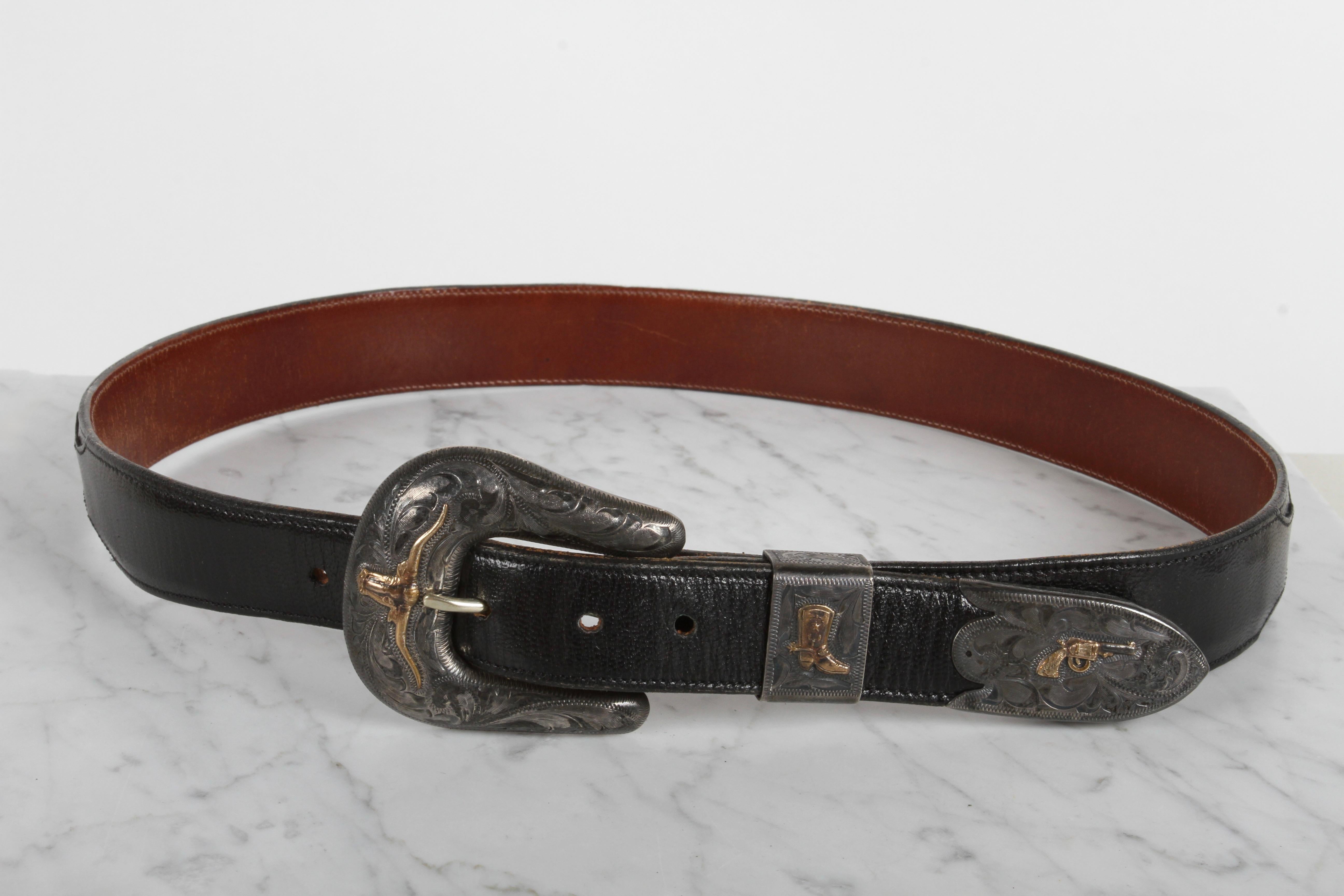 Vintage Women's signed Chet Vogt Western - Cowboy theme Sterling buckle with hand-tooled scroll work & 14k gold filled Longhorn, Cowboy boot Keeper and Six Shooter Pistol Tip on a size 30