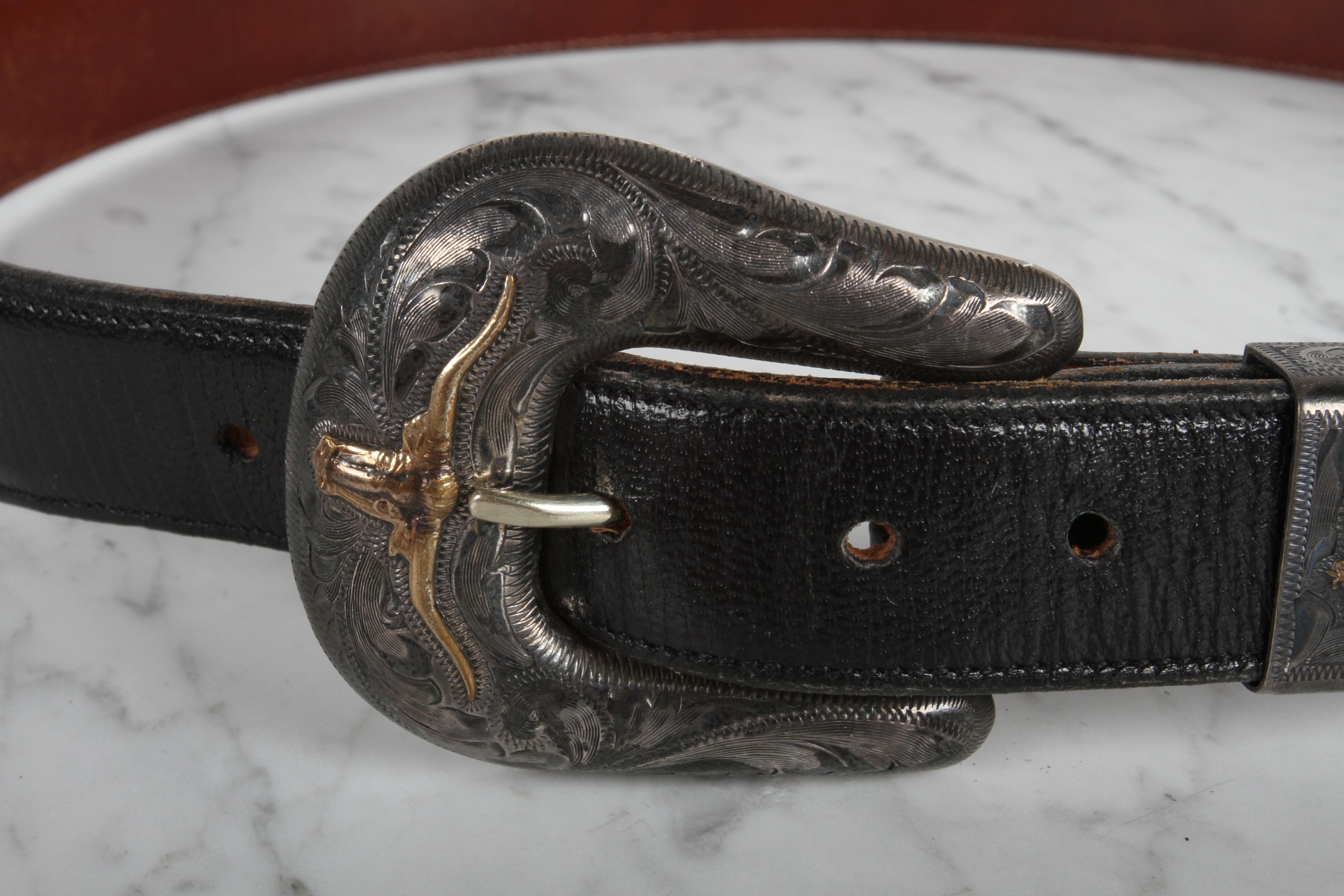 American Women's Chet Vogt Western - Cowboy Theme Sterling & 14k Gold Buckle with Belt For Sale